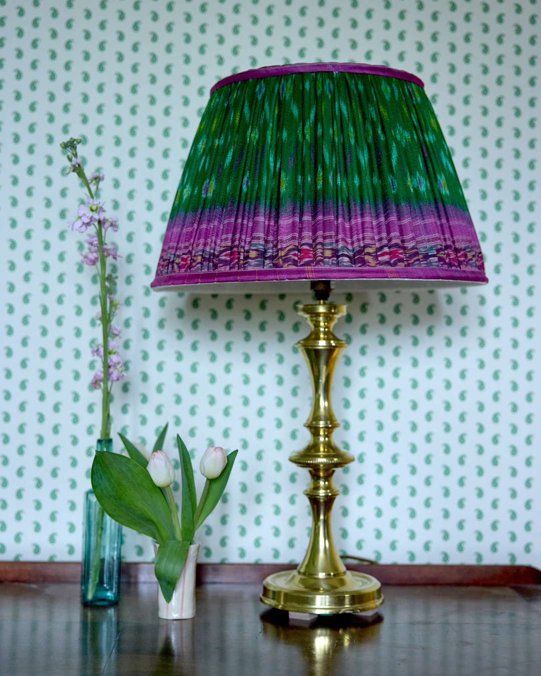 41cm Pink and Green Silk Sari Lampshade - Elegant Handmade Indian Home Decor for Living Room, Bedroom & Boho Style Interior Design