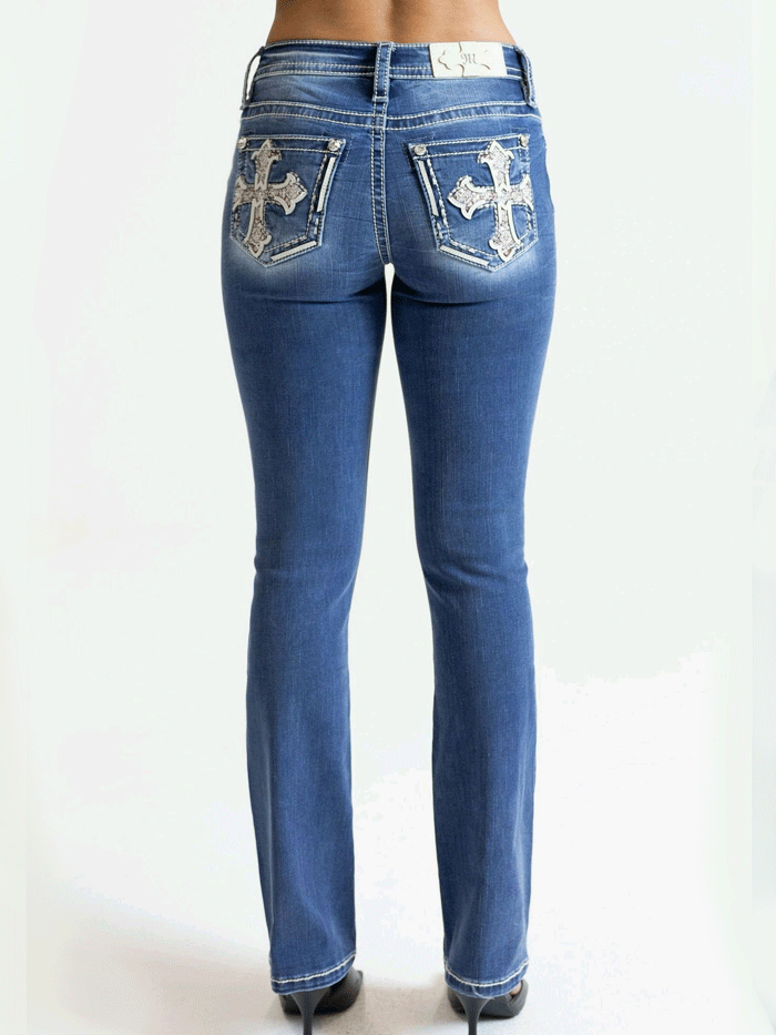 Miss Me M9352SBV Women's Cross Mid Rise Slim Boot Jean in Medium Blue - Perfect for Casual Wear, Work & Night Out