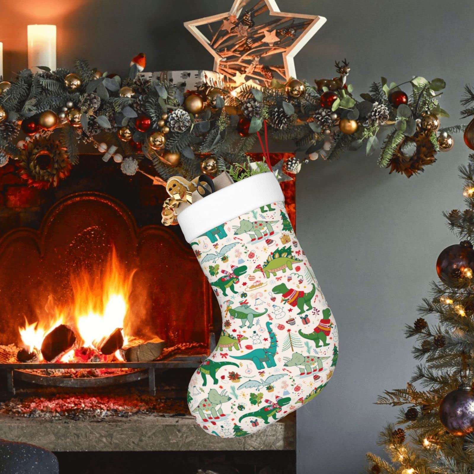 Festive Dinosaur Christmas Stockings - Cute Fireplace Hanging Socks for Holiday Decorations | Perfect for Xmas Tree, Family Gatherings & Gift Giving | Holiday Party Decor & Home Festive Atmosphere