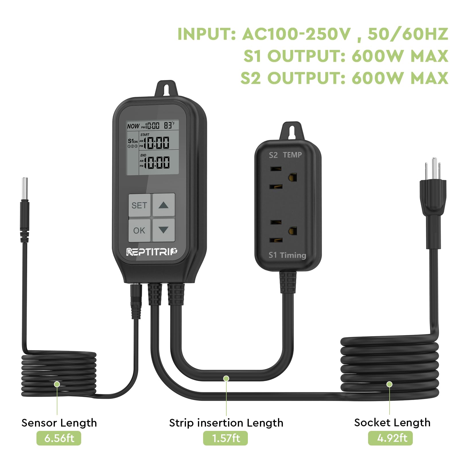 Reptile Thermostat & Light Timer - Digital Temperature Controller for UVB Light, Heat Lamp & Heating Pad - 10A 1250W Day/Night Cycle Thermostat with Thermometer - Perfect for Terrariums, Vivariums & Reptile Habitats