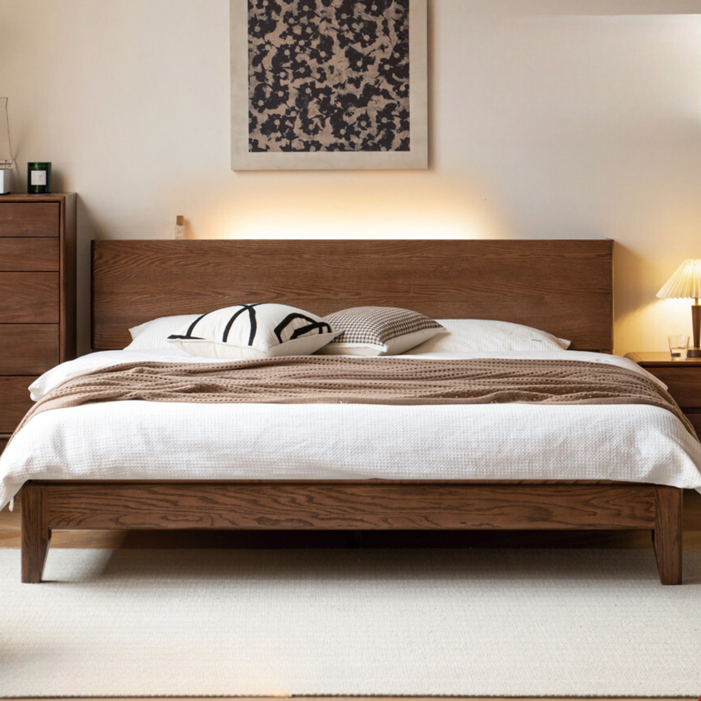 Solid Oak Wood Modern Bed Frame with LED Night Lights in Walnut Finish - Perfect for Bedroom Decor and Cozy Nighttime Ambiance