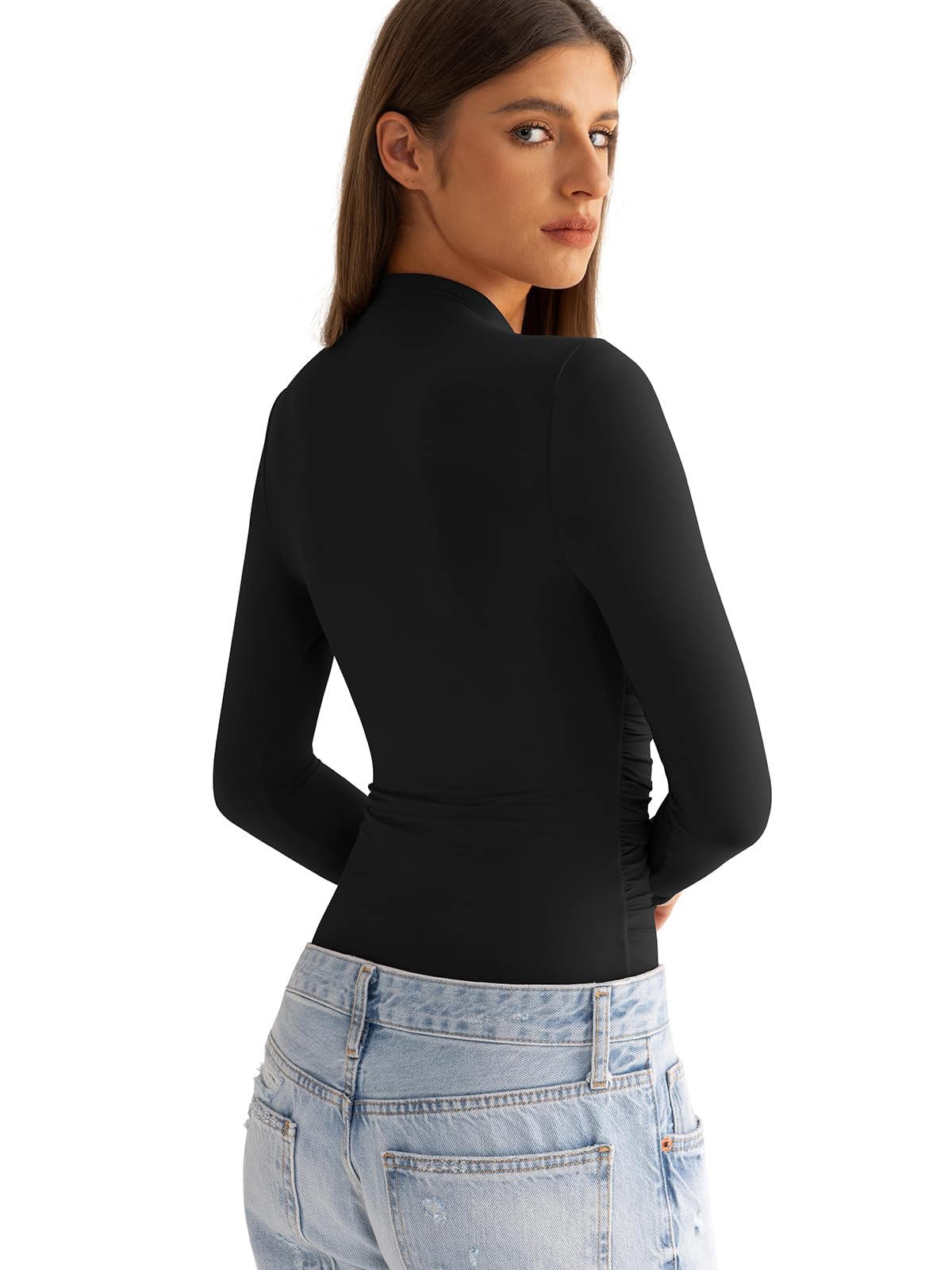 Women's Mock Neck Long Sleeve Ruched Blouse - Double Lined Fitted Turtleneck Top for Spring & Fall 2025 | Casual Office Wear, Date Night Outfit, Layering Essential