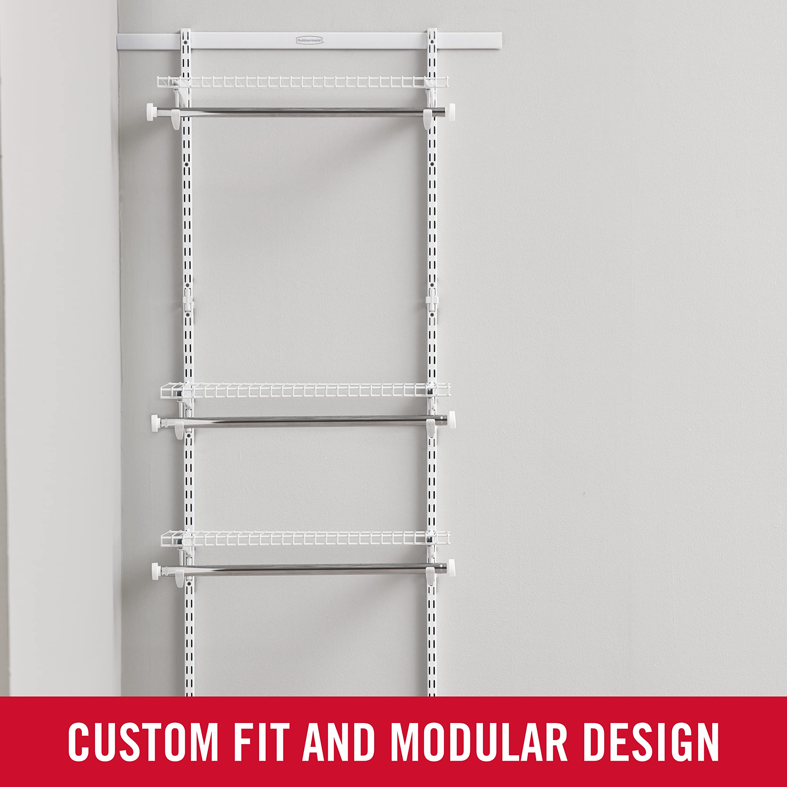 Rubbermaid Configurations Custom Closet Kit - 2-4 Ft Adjustable Metal Wire Shelving System in White | Expandable Storage Solution with Hardware Included | Perfect for Home Closet, Pantry, Laundry Room & Mudroom Organization