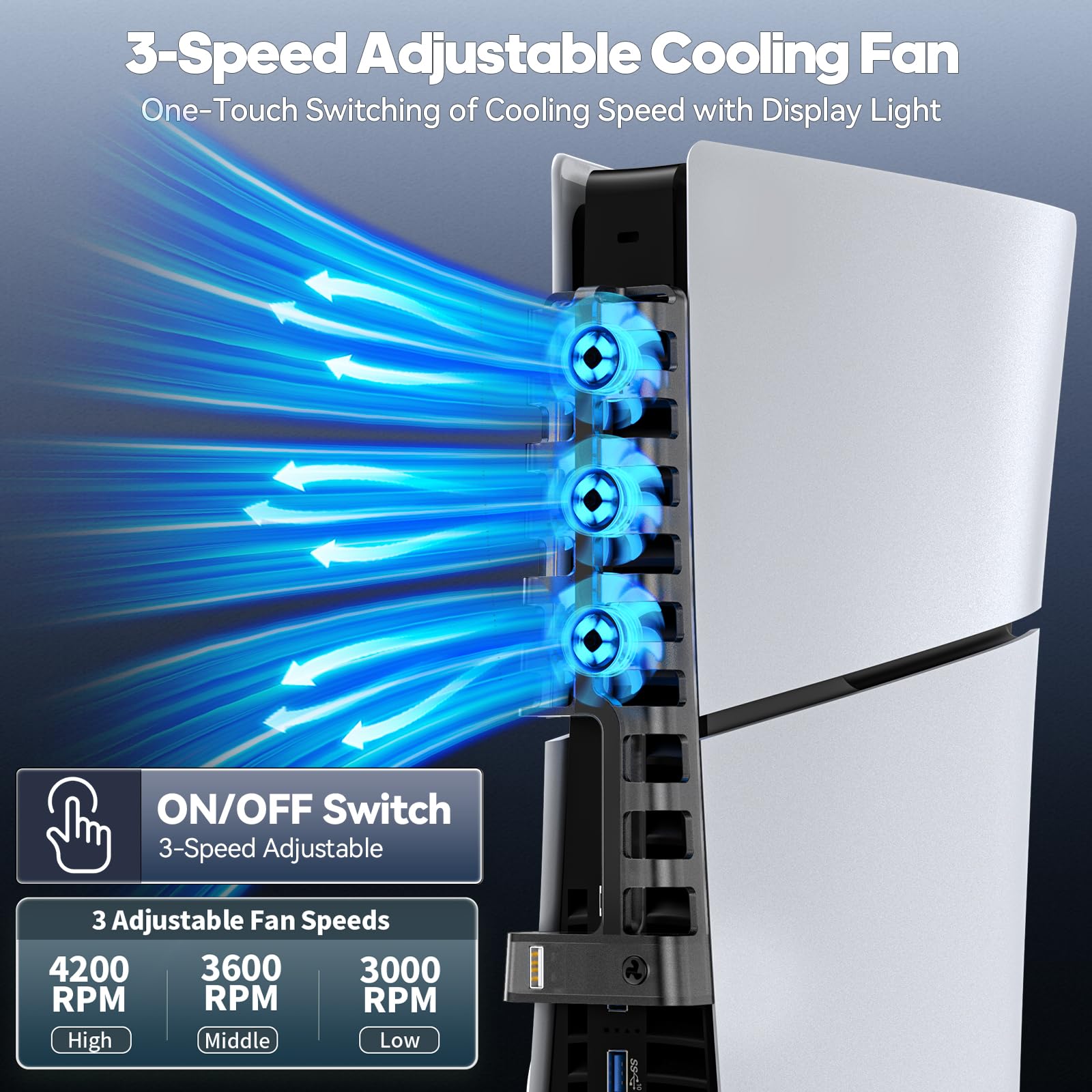 Tokluck PS5 Cooling Fan for 2023 PS5 Slim Version - 3-Speed Quiet USB 2.0 Cooler with Horizontal/Vertical Stand - Enhanced Cooling Accessory for PS5 Gaming Console - Perfect for Long Gaming Sessions & Overheating Prevention