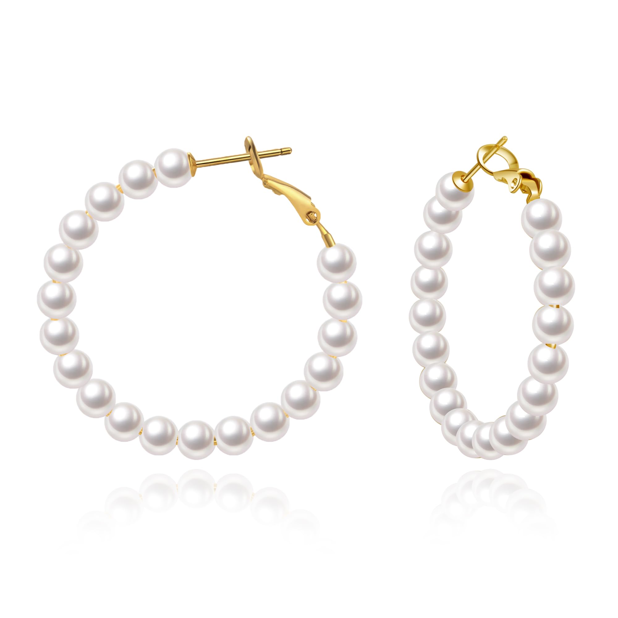 5MM Thick Pearl Hoop Earrings for Women - Lightweight 925 Sterling Silver Hypoallergenic Pearl Earrings (20/30/55MM) - Perfect for Weddings, Parties & Everyday Wear