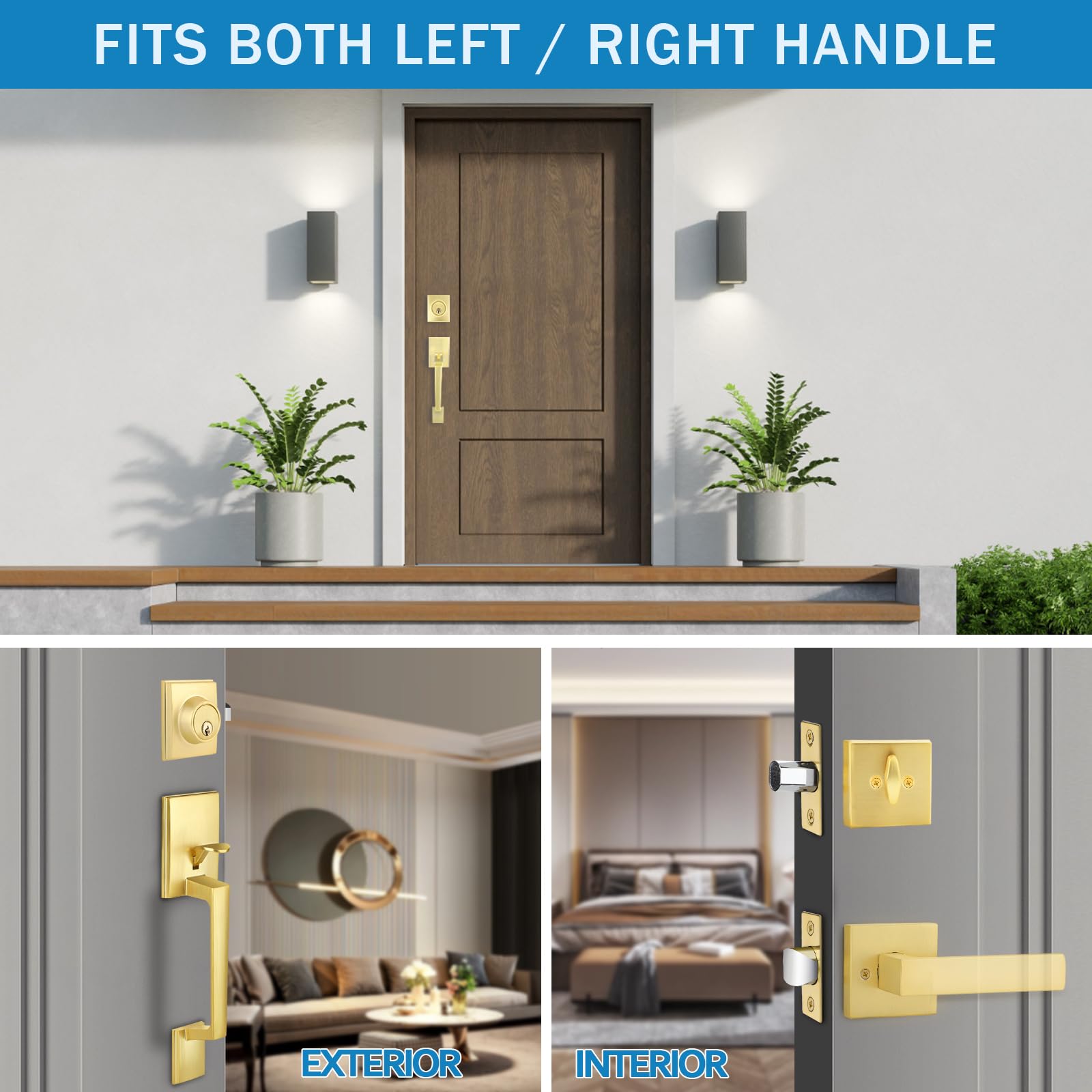 Heavy Duty Square Front Door Handle Set with Single Cylinder Deadbolt - Satin Brass Finish | Secure Entry Door Lock for Home, Apartment & Office