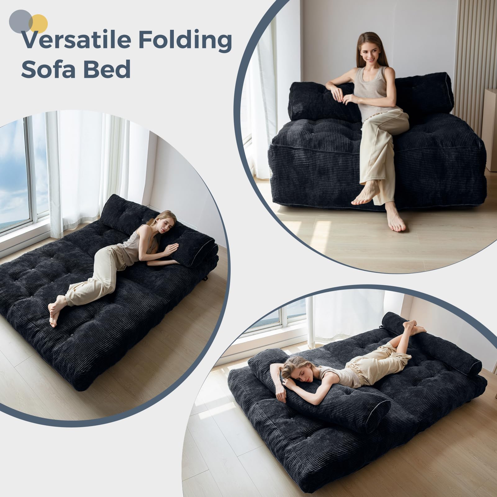 MAXYOYO Corduroy Folding Sofa Bed - Convertible Sleeper Chair with Pillow & Back Support | Foldable Mattress for Small Spaces | Perfect for Guest Room, Studio Apartment & Office Lounges (Black)
