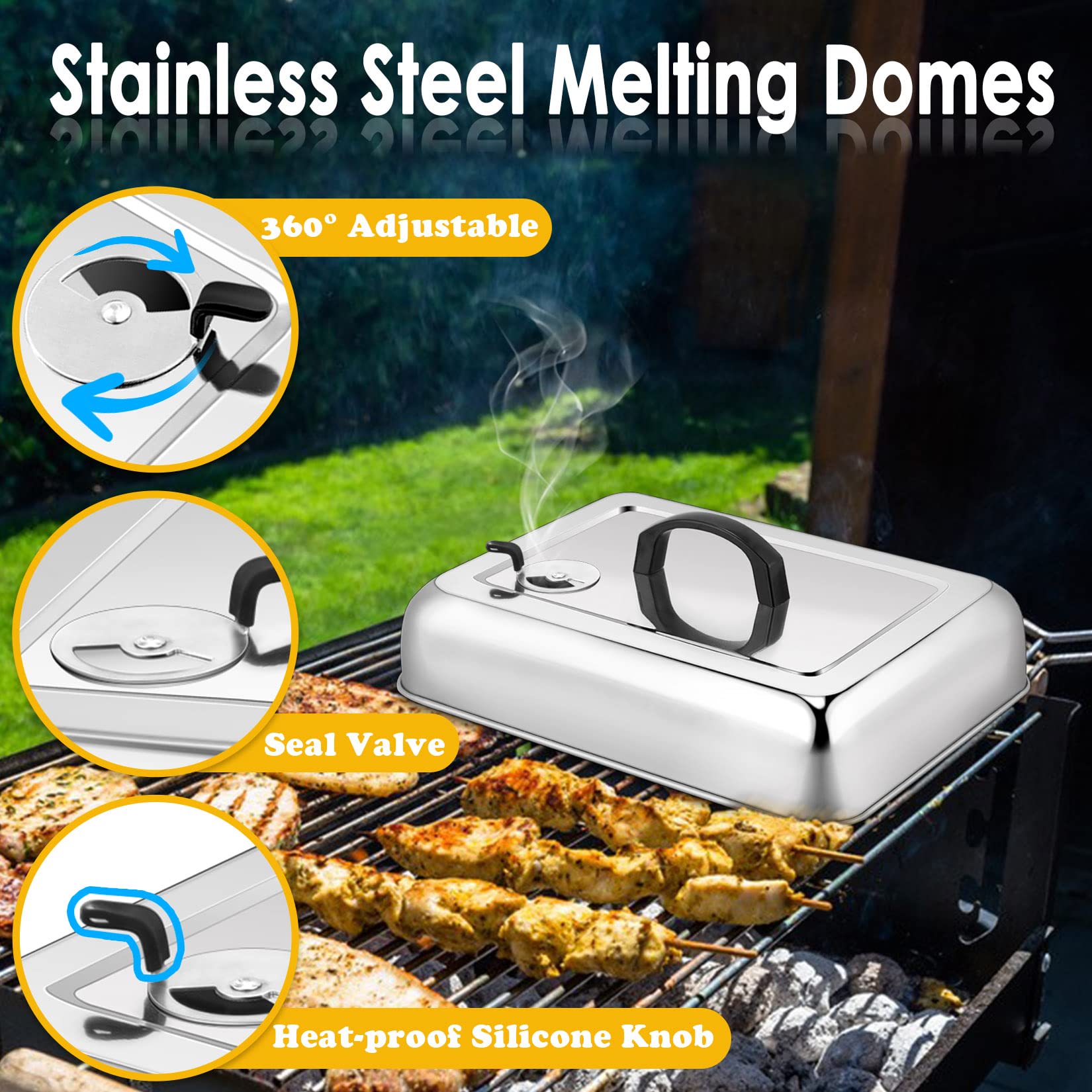Joyfair 13 x 9.8 Inch Stainless Steel Basting Cover & Cheese Melt Dome for Flat Top Griddle - Heat-Resistant Handle, Dishwasher Safe with Vent - Perfect for Outdoor BBQ, Indoor Cooking, and Restaurant Use