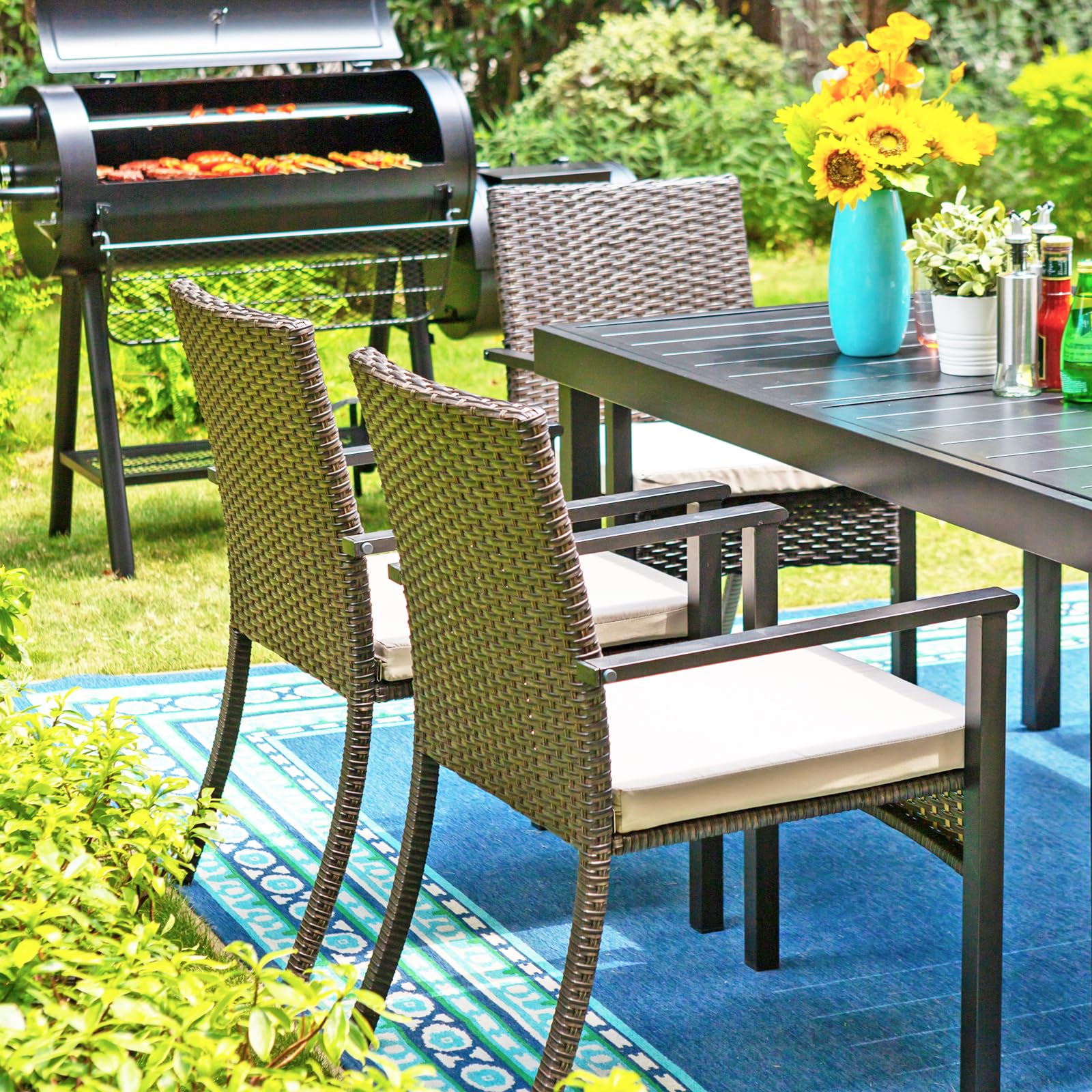 Sophia & William 7-Piece Expandable Rectangular Metal Outdoor Dining Set with Rattan Chairs & Cushions - All-Weather Patio Furniture for 6-8 People - Perfect for Backyard BBQs, Garden Parties & Outdoor Entertaining