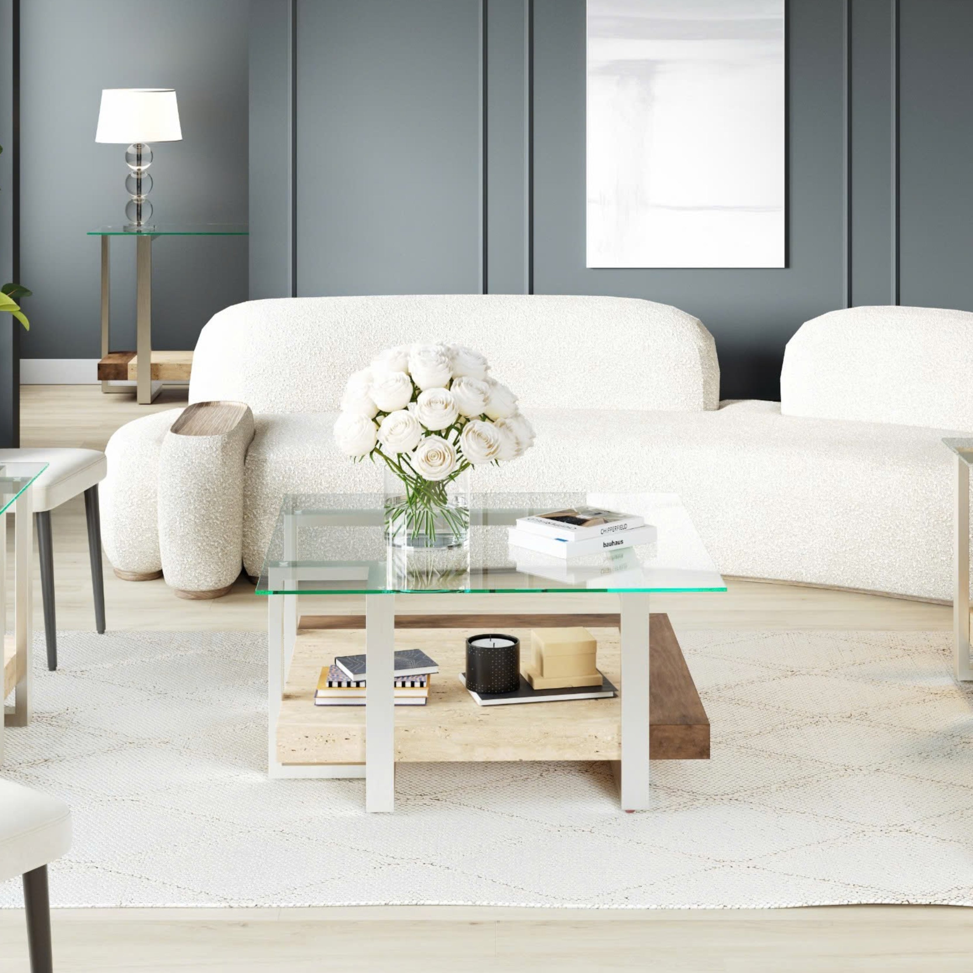 Roundhill Furniture Andes Glass Square Coffee Table with Marble Shelf - Polished Nickel Finish - Modern Living Room Centerpiece for Home & Office Decor