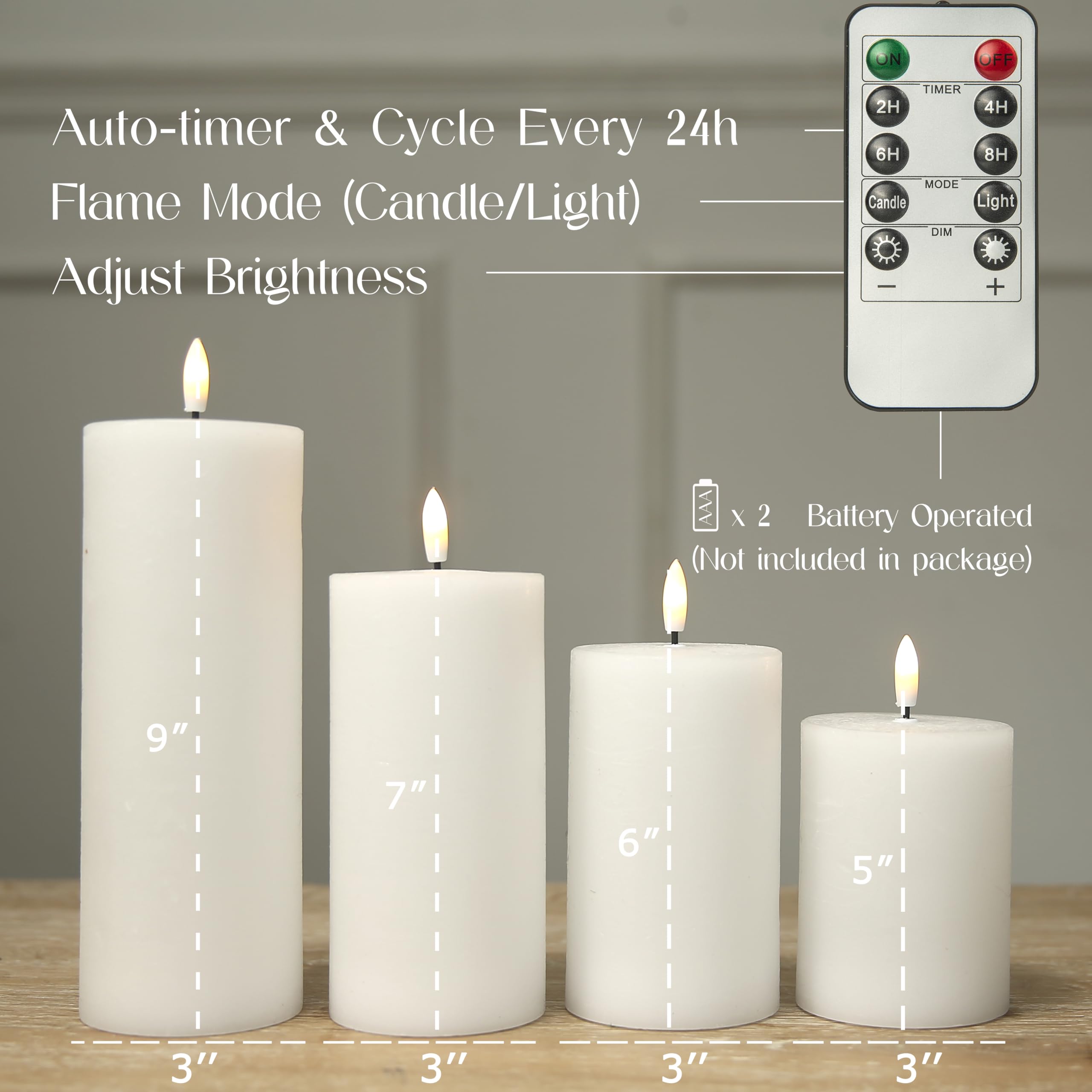 LUSHABOR 4 Pack Flameless LED Candles with Remote - Battery Operated Real Wax Pillar Candles with Timer & Flickering Effect - Perfect for Christmas Decorations, Wedding Centerpieces, Home Party Lighting (White)