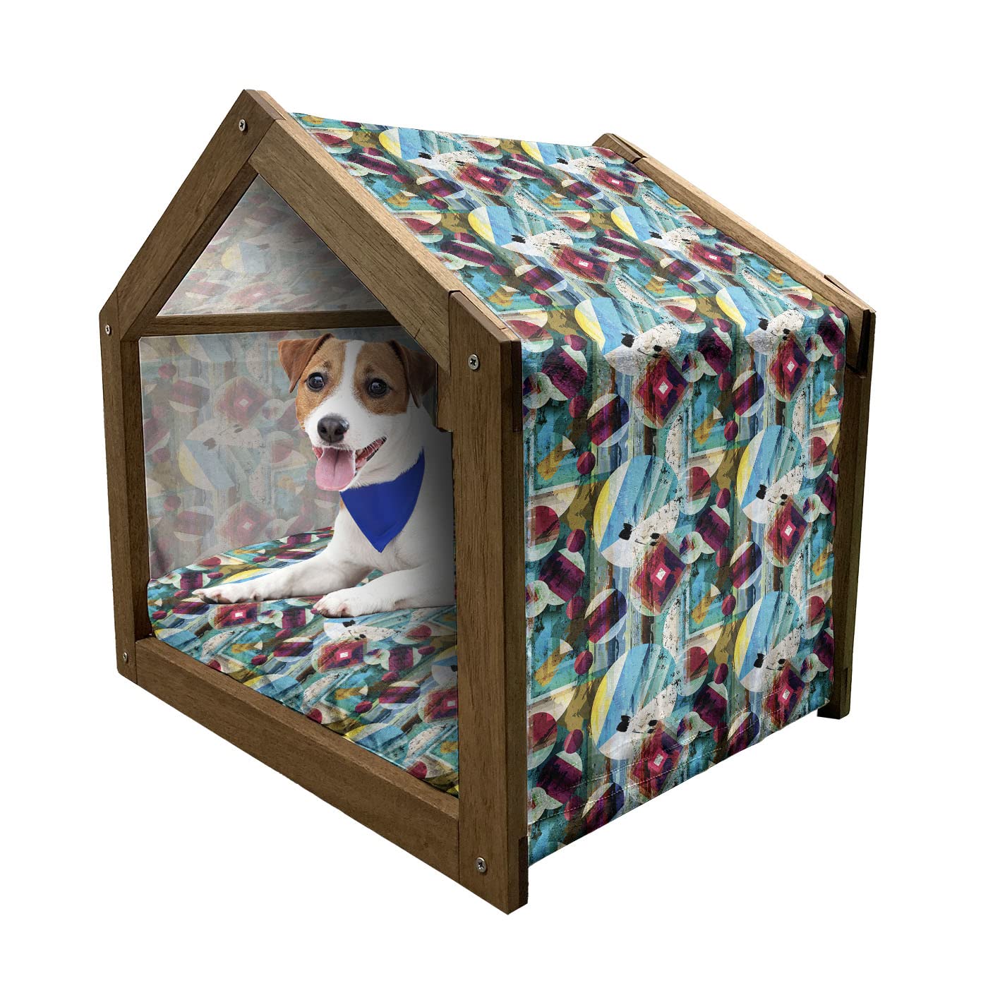 Ambesonne Modern Art Wooden Pet House - Vintage Geometric & Circle Design Like Outer Space Planets - Indoor & Outdoor Portable Dog Kennel with Pillow & Cover - Small Size Multicolor - Perfect for Home Decor & Backyard Use