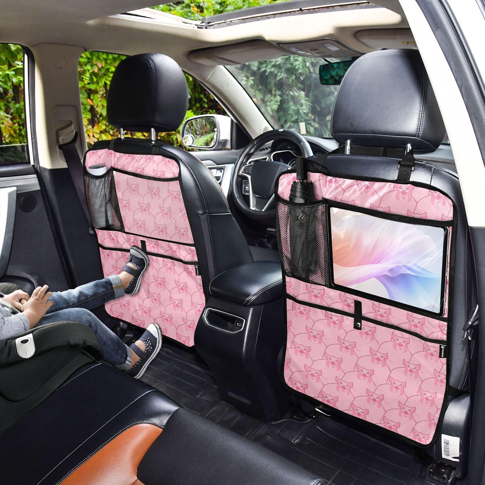 Pink Hog Pattern Car Seat Kick Mats - Waterproof Back Seat Protector for Kids, Anti-Scratch Organizer with Storage Pockets - Perfect for SUVs, Minivans & Family Road Trips