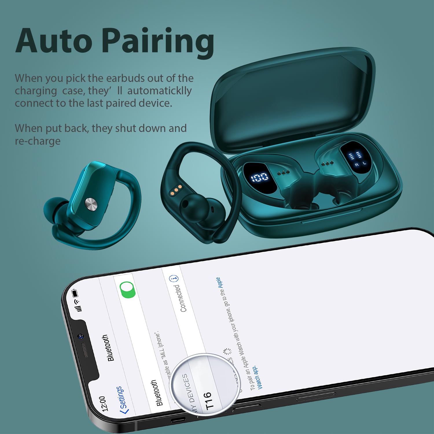 Bmani 2 Pairs Wireless Bluetooth Earbuds with LED Display - 48H Playtime, Built-in Mic, Earhooks for Secure Fit - Green & Purple - Perfect for Workouts, Running, Gym & Outdoor Sports