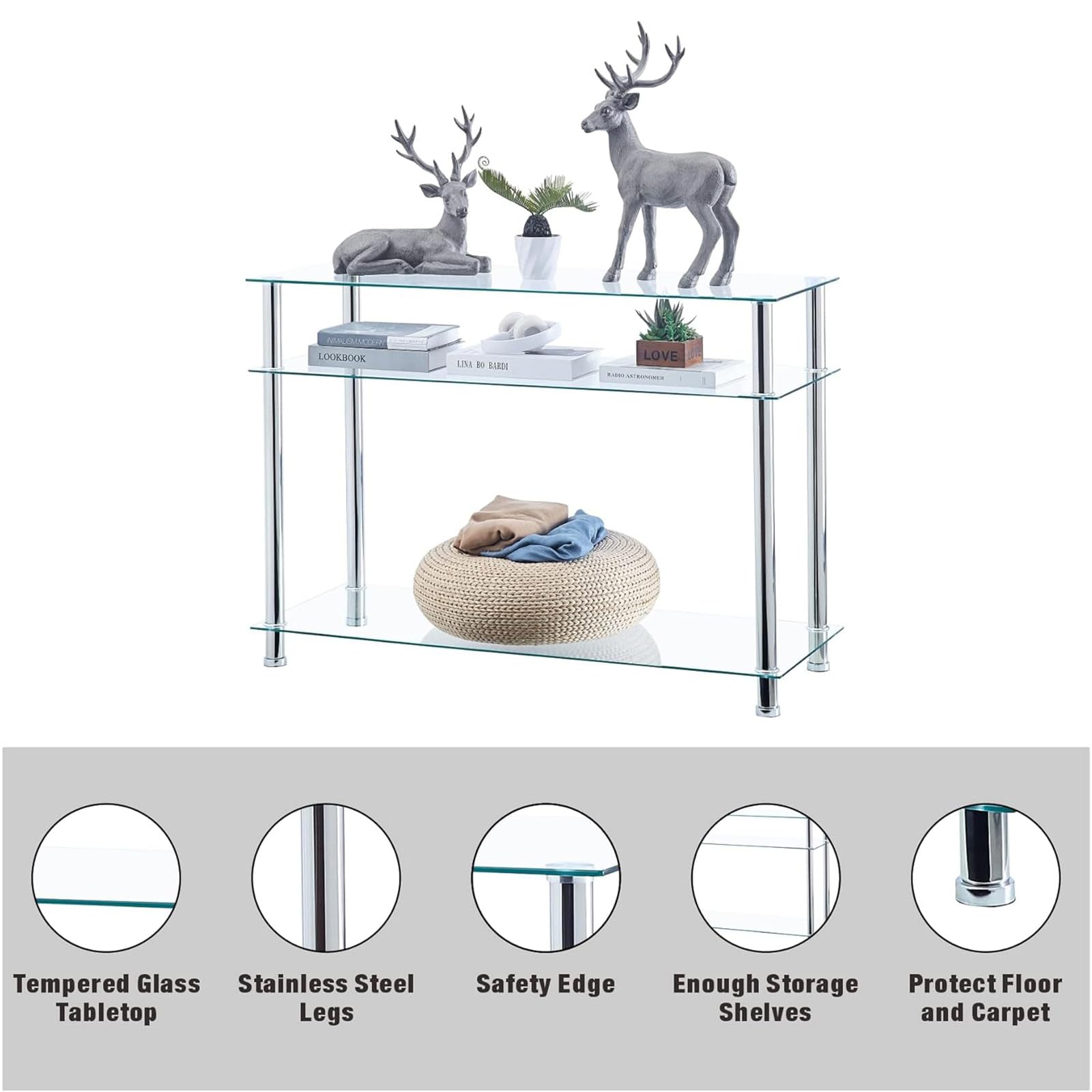 Rustic Brown & Black Glass Console Table with Storage Shelves - Entryway Sofa Table for Hallway, Living Room, Bedroom - Sturdy Metal Frame & Easy Assembly (Clear) - Perfect for Home Decor, Small Space Organization & Stylish Display