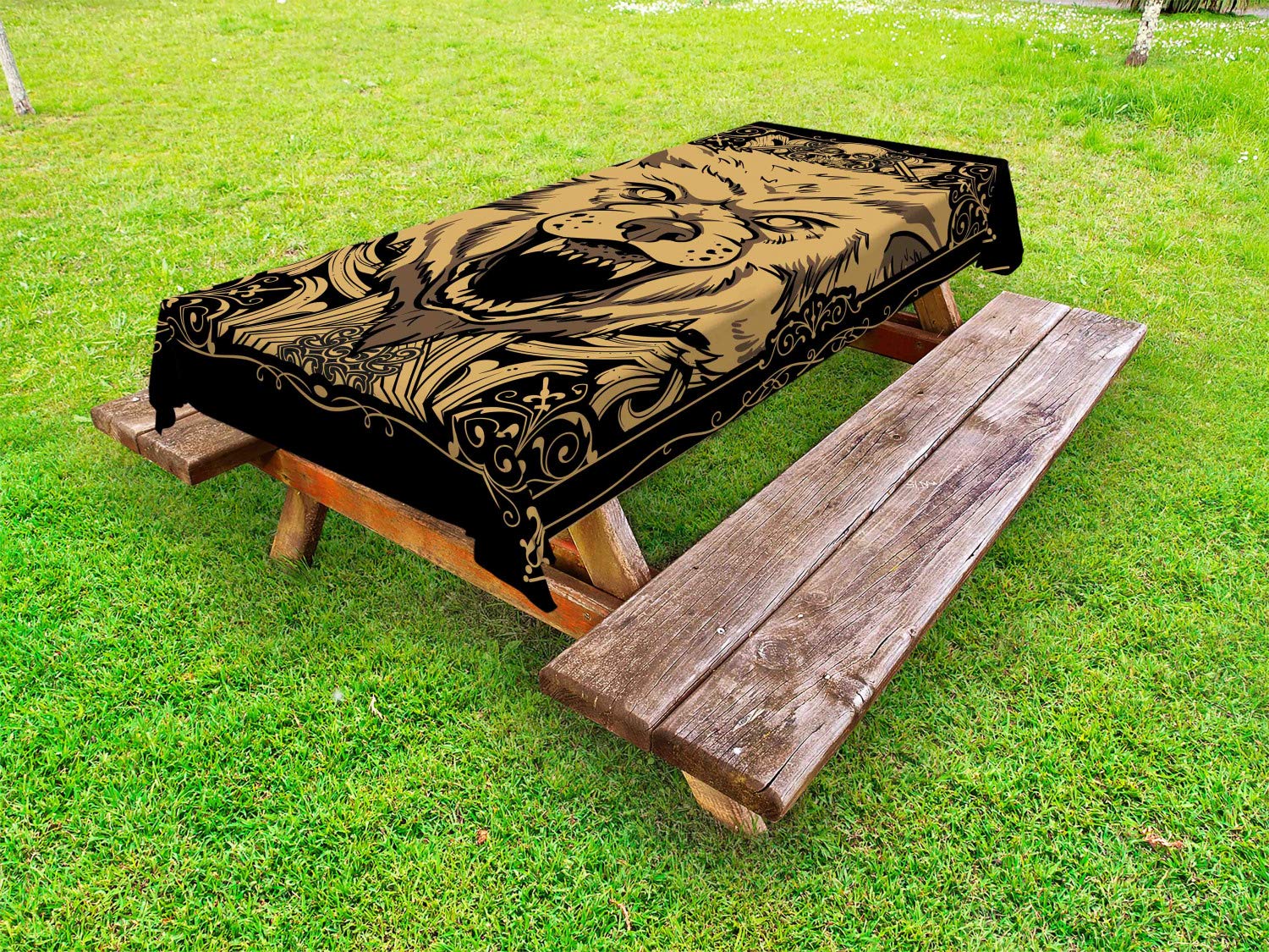 Ambesonne Wolf Themed Outdoor Tablecloth - Angry Carnivore Animal Face with Skull Design, Decorative Washable Picnic Table Cover 58