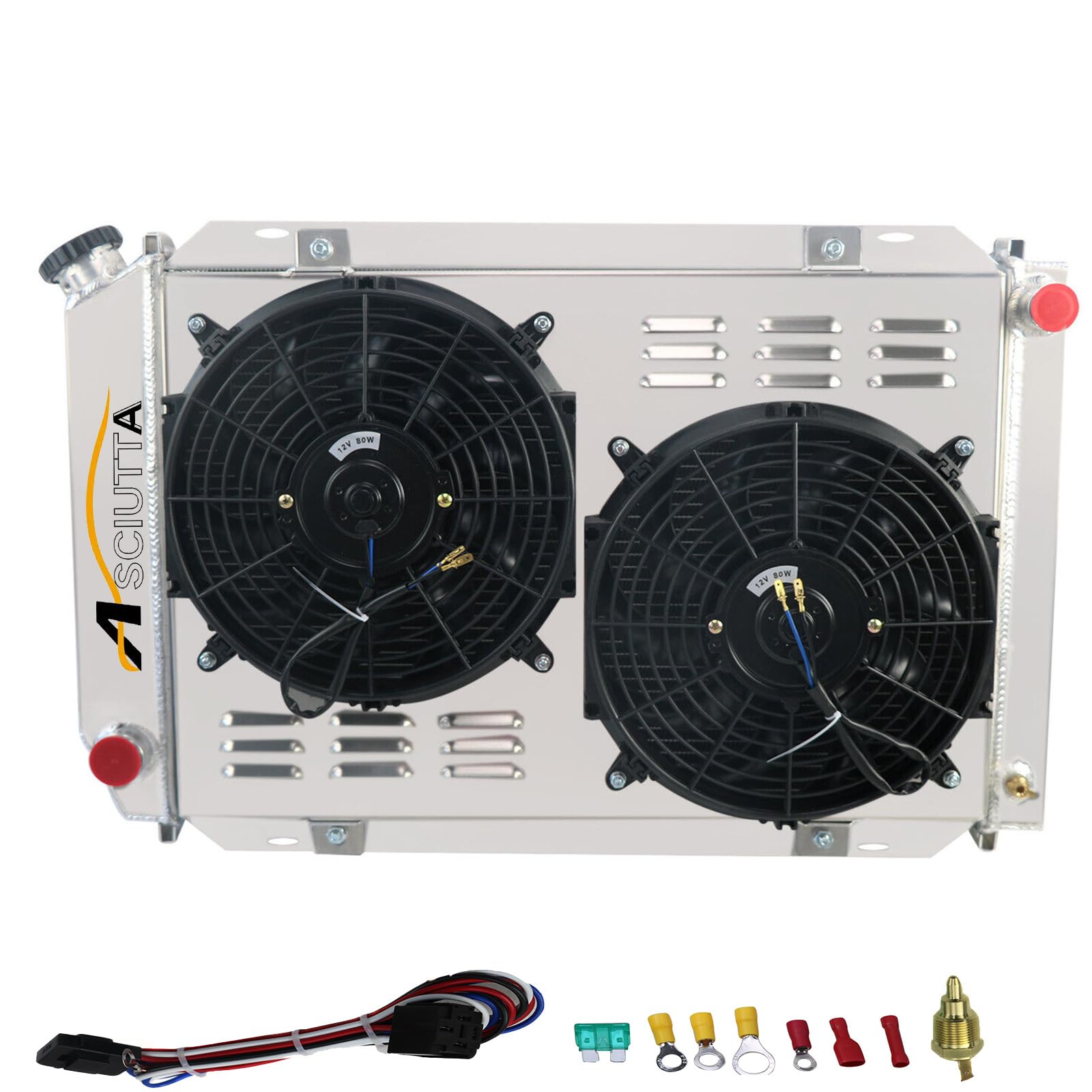 High-Performance 3 Row Aluminum Radiator for 1979-1993 Ford Mustang GT/LX 5.0L V8 Manual Transmission - Complete Cooling Kit with Shroud Fan & Thermostat Relay - Perfect for Street Racing, Off-Road & Hot Weather Driving