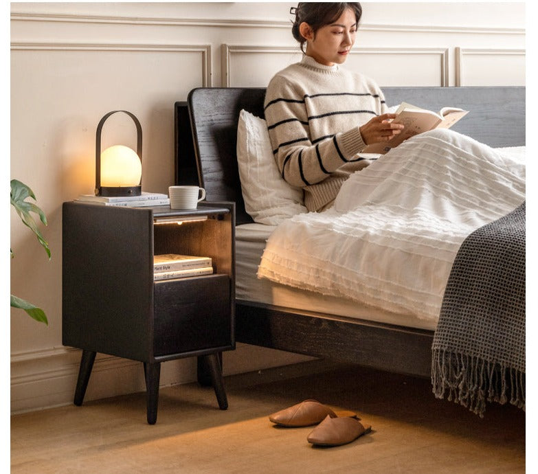Solid Oak Wood Ultra Narrow Nightstand with Soft Light Sensor - Perfect for Small Bedrooms, Apartments, and Cozy Spaces