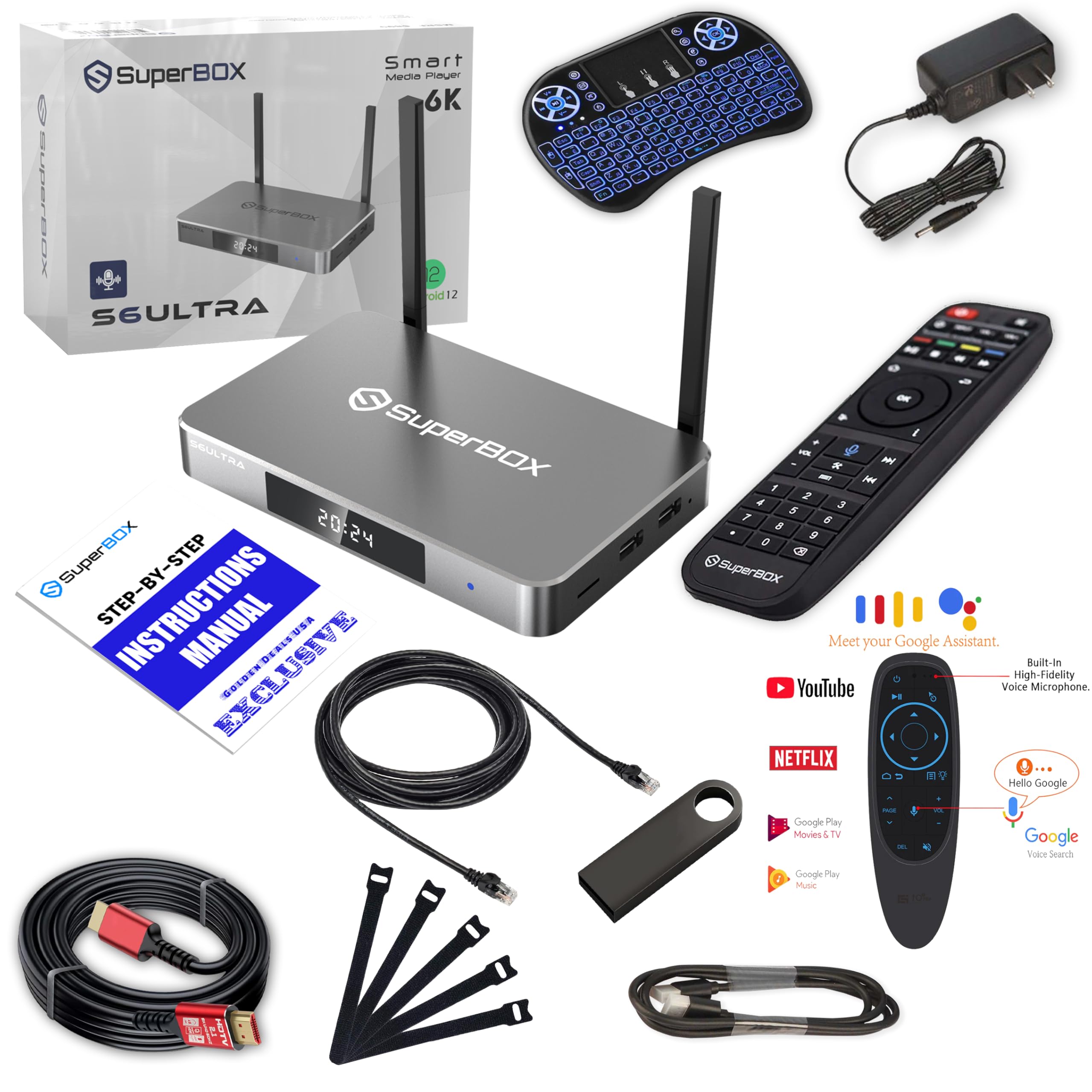 2025 S6 Ultra Android TV Box Bundle - 8K HDMI Cable, 64GB USB, Backlit Keyboard, Ethernet Cable, Air Mouse | Android 12, 4GB RAM, 128GB Storage | Perfect for Home Theater, Streaming & Gaming