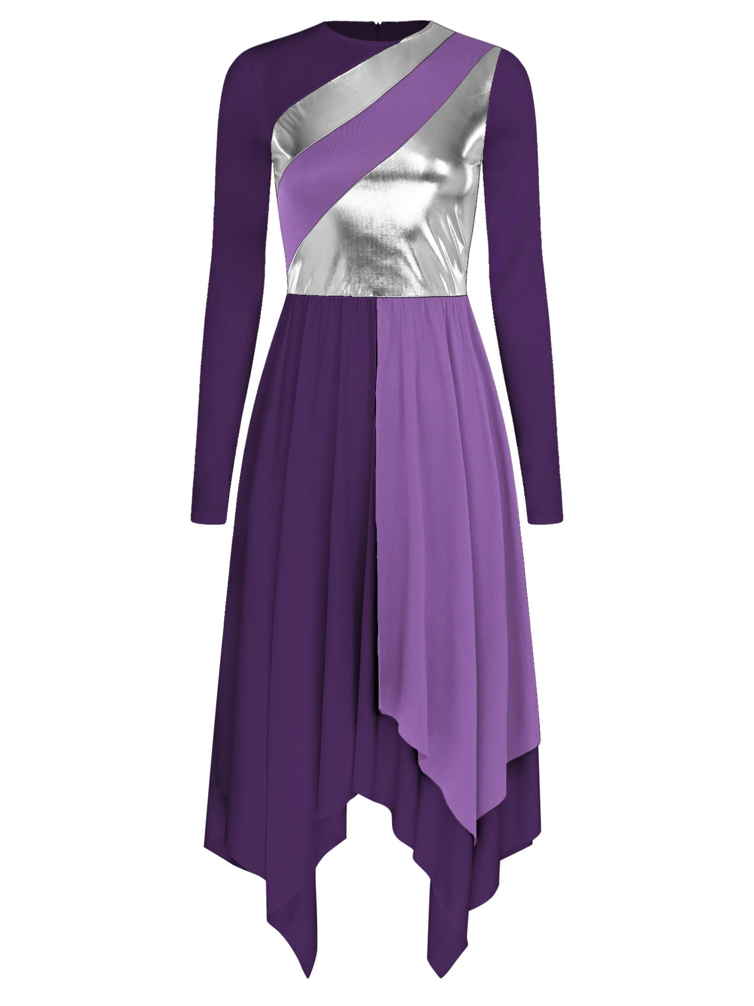 Women's Metallic Long Sleeve Praise Dance Dresses - Color Block Liturgical Dancewear & Lyrical Worship Tunics for Church Performances & Spiritual Events