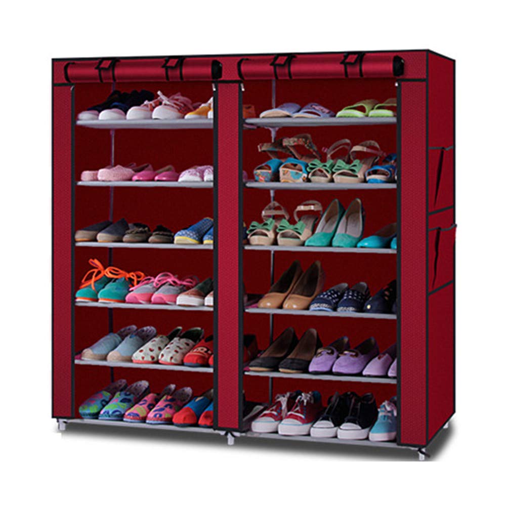 12-Tier Double Row Shoe Rack Organizer with Non-Woven Fabric Cover - Stackable Shoe Storage Cabinet for Entryway, Closet & Bedroom Organization (Red)