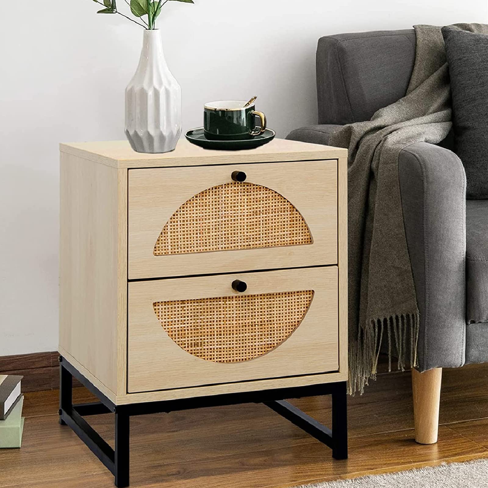 Rattan Nightstand with 2 Drawers & Metal Legs - Rustic Bedside Table for Bedroom & Living Room Storage