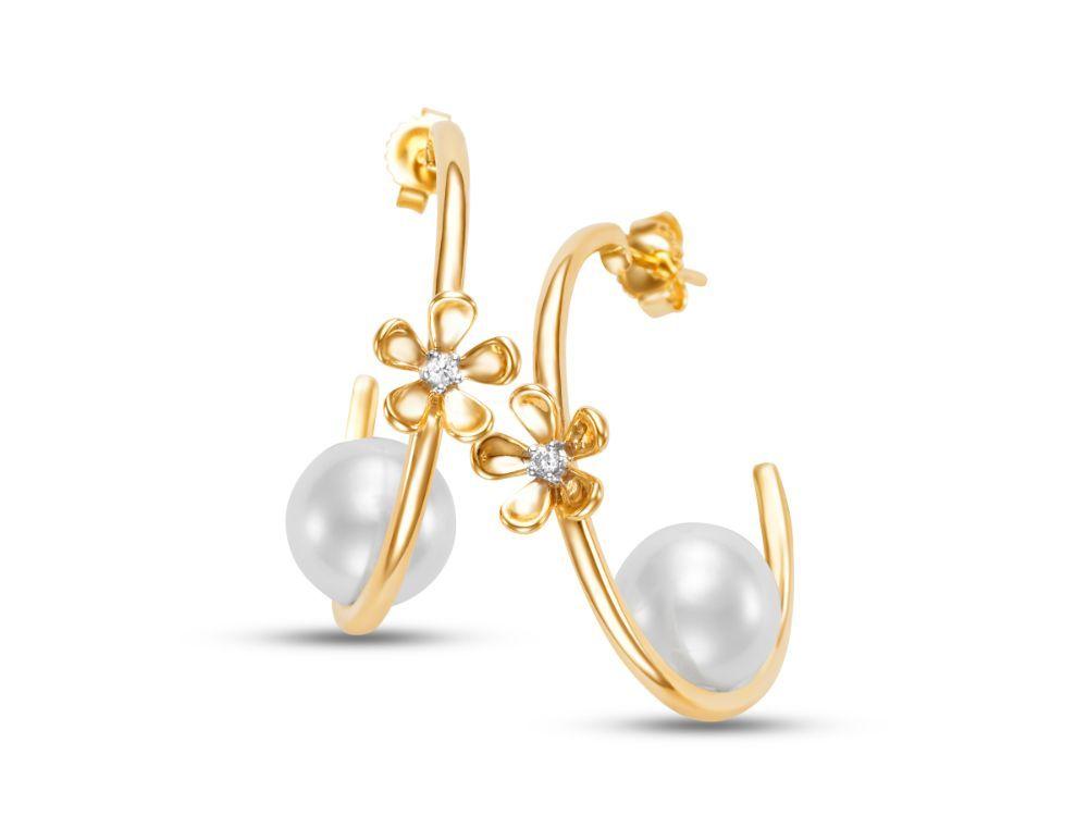 14K Gold Floating Freshwater Pearl & Diamond Flower Hoop Earrings for Women - Elegant Jewelry Gift for Weddings, Parties & Special Occasions