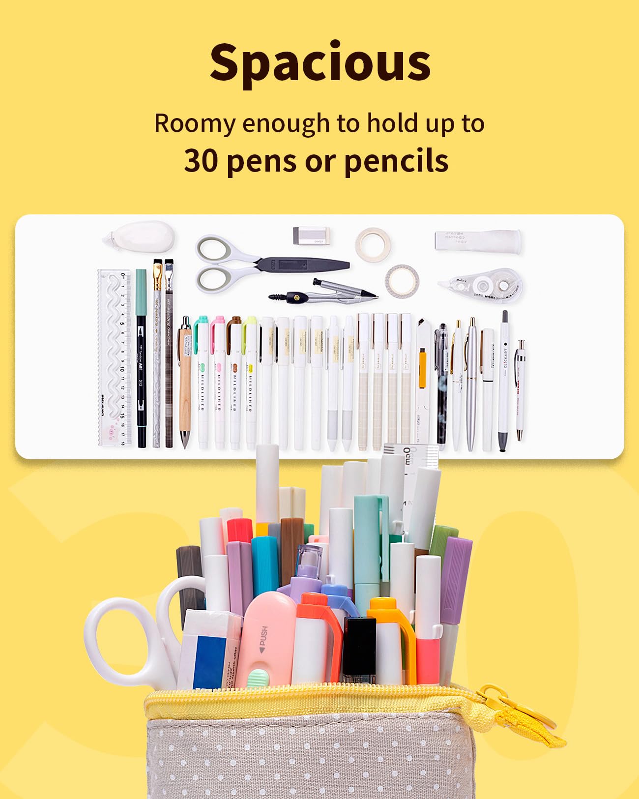 Sooez Telescopic Stand Up Pencil Case - Cute Portable Kawaii Pencil Pouch Holder for School & Office Supplies - Spacious Yellow Pen Organizer (Perfect for Desks, Backpacks & Gift Giving)