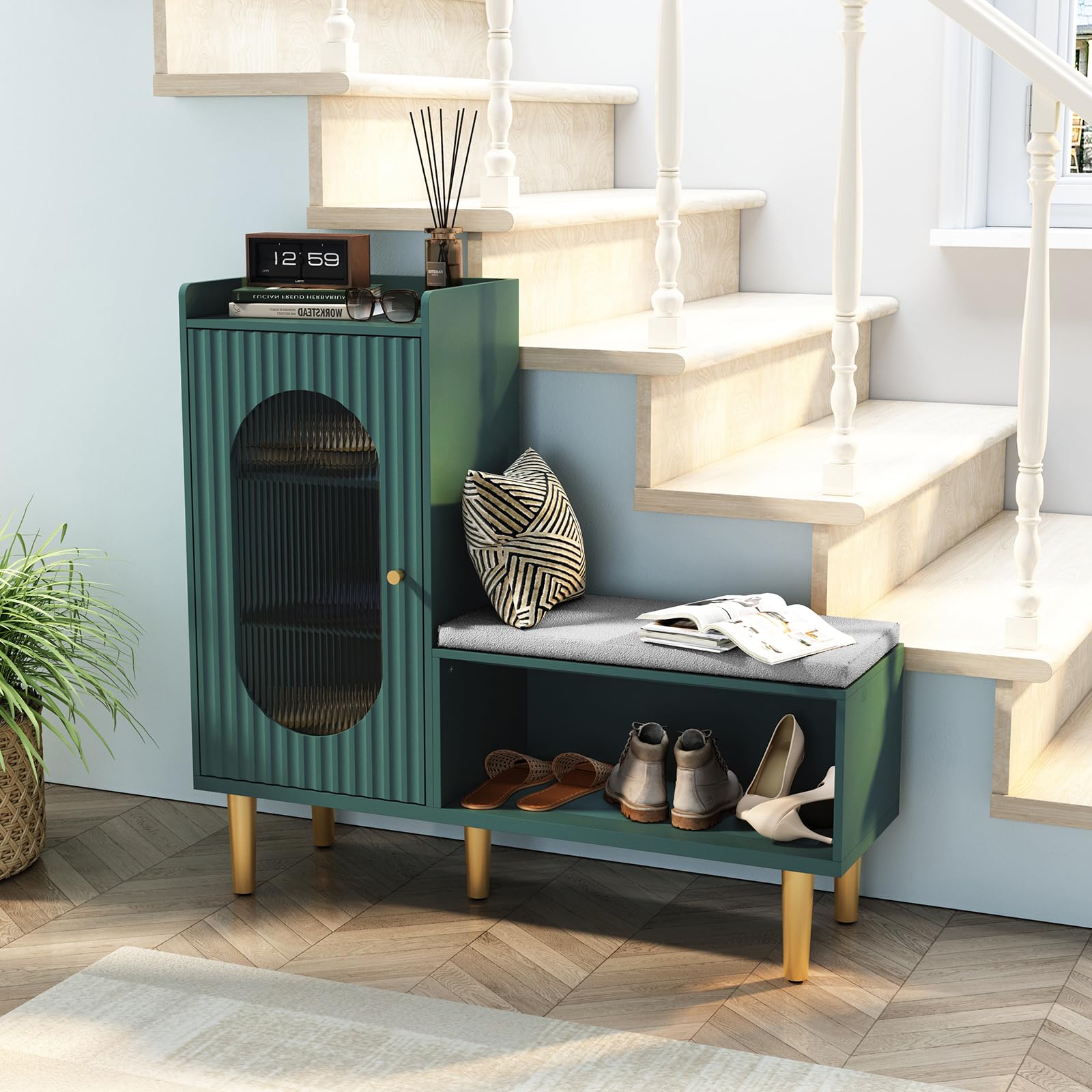 Modern HLR Storage Bench with Glass Door & Shelf - L-Shaped Entryway Shoe Cabinet with Padded Seat, Green Storage Cabinet for Hallway, Bedroom, Living Room & Office - Perfect for Small Space Organization & Entryway Seating