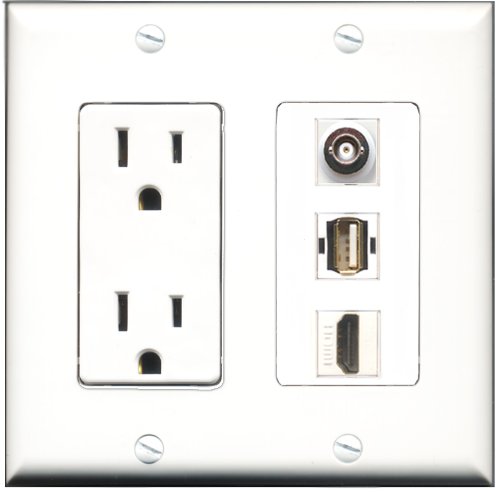 RiteAV 15 Amp Power Outlet with HDMI, USB A-A & BNC Ports - Decorative Wall Plate for Home Theater, Office & Smart Home Setup