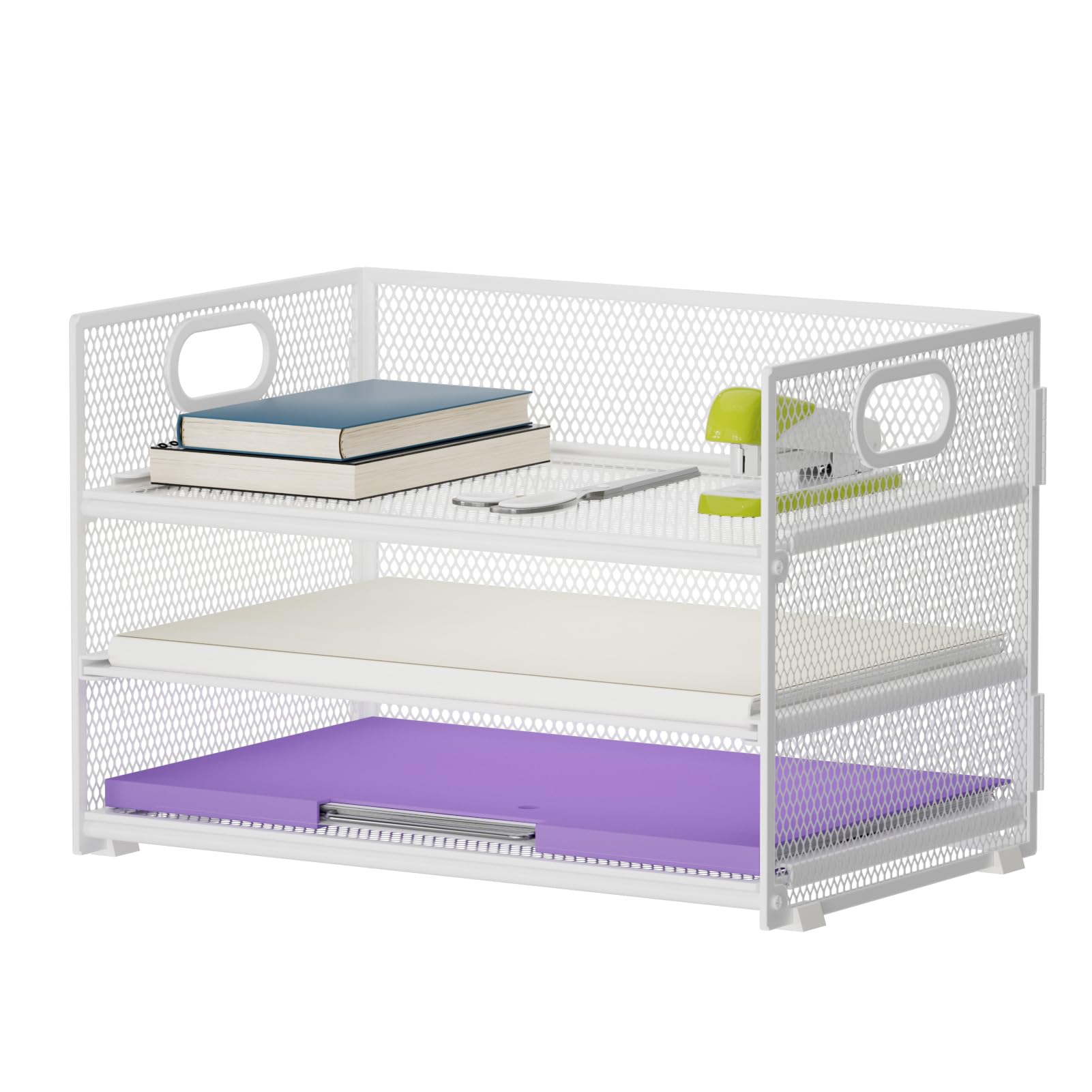 Marbrasse 3-Tier Mesh Paper Organizer with Handle - White Desktop File Sorter for Home Office, School & Workspace - Perfect for Mail, Documents, Bills & Office Supplies Organization