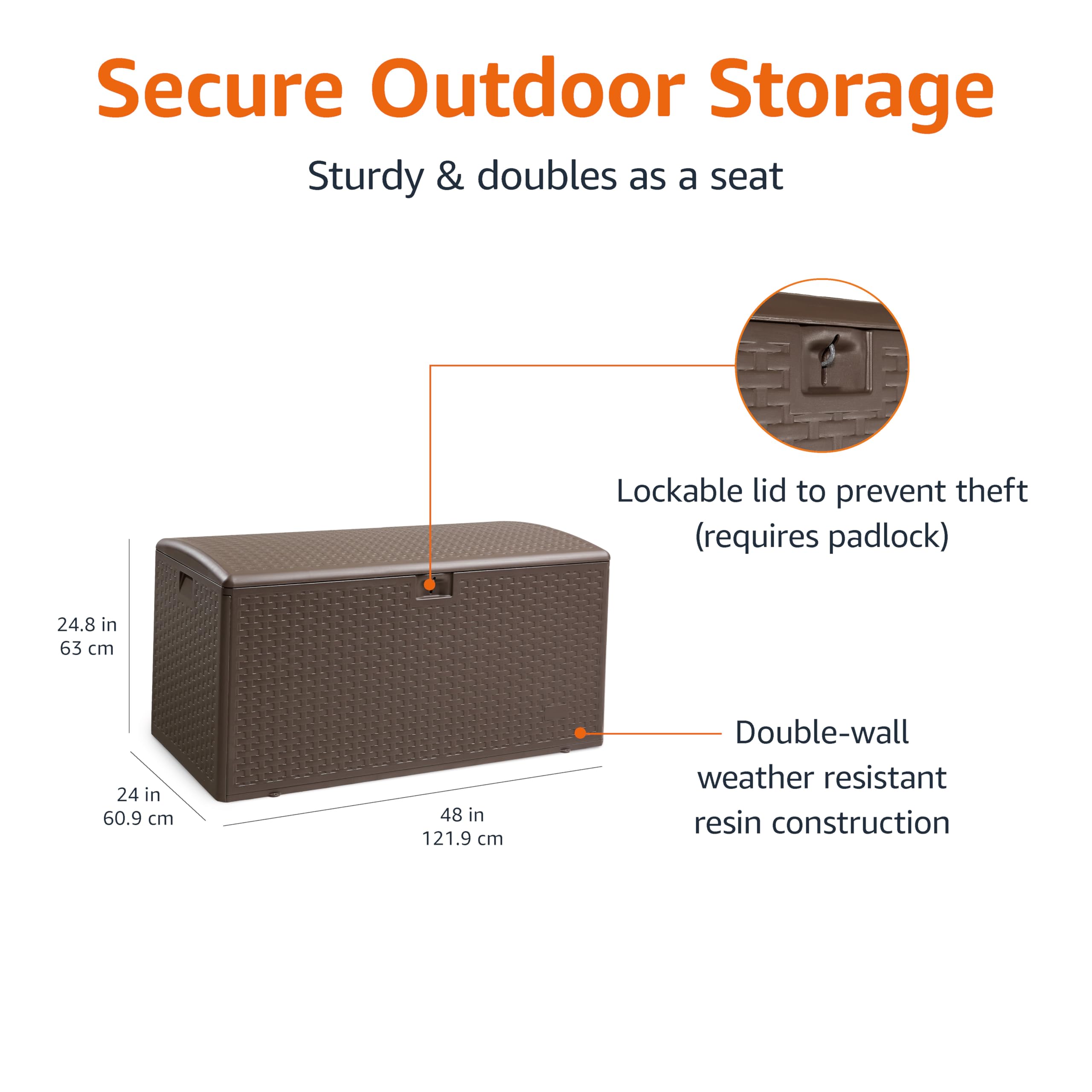 Amazon Basics 99 Gallon Outdoor Patio Storage Deck Box - Waterproof & Weather-resistant Deck Box for Patio Furniture Cushions, Garden Tools, Pool Accessories - Perfect for Backyard, Deck, and Poolside Storage (Brown)