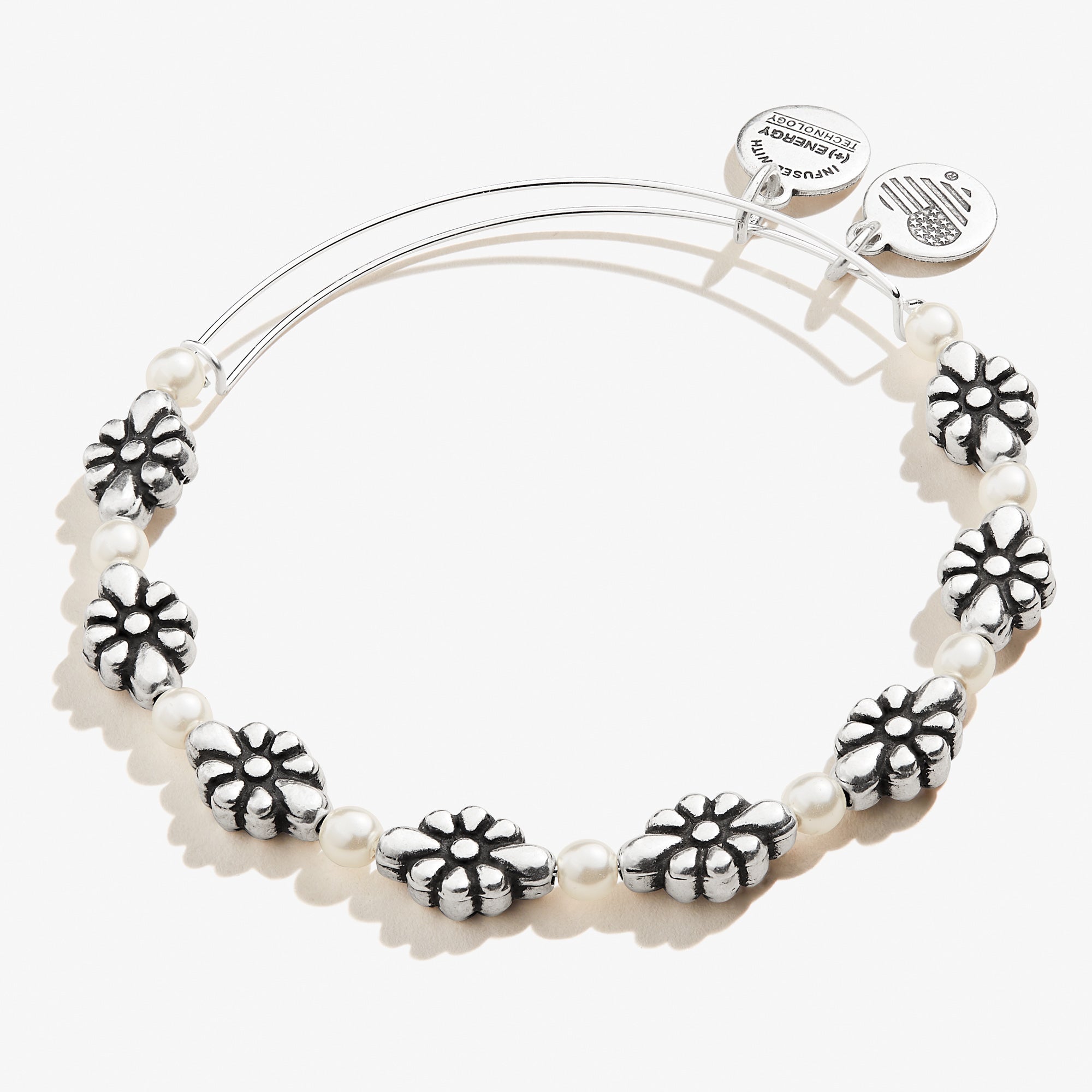 Daisy and Pearl Motif Charm Bangle Bracelet for Women - Elegant Fashion Jewelry Gift for Birthday, Anniversary, Party & Special Occasions