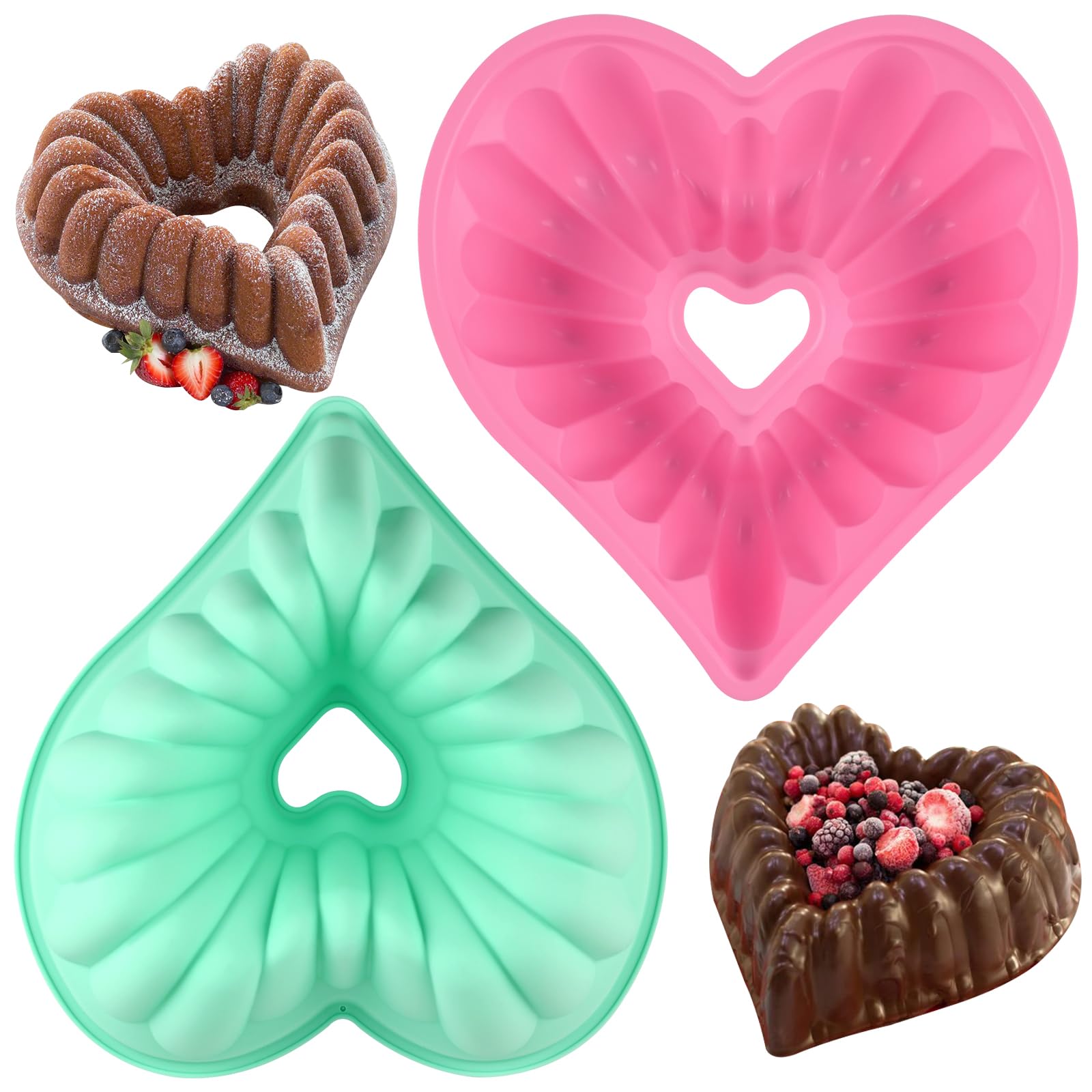 HUAKENER 2 Pack 9 Inch Heart Bundt Pans - Nonstick Silicone Cake Molds for Valentine's Day Baking, Romantic Desserts & Special Occasion Cakes (Perfect for Wedding, Anniversary & Birthday Parties)