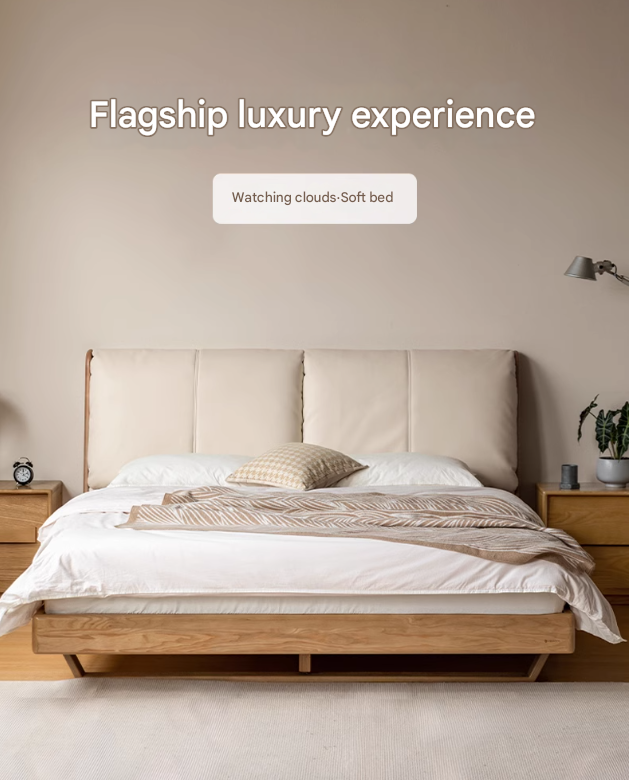 Italian Light Luxury Solid Wood Bed in Oak & Ash with Genuine Leather Upholstery - Perfect for Master Bedrooms, Guest Rooms & Modern Home Decor