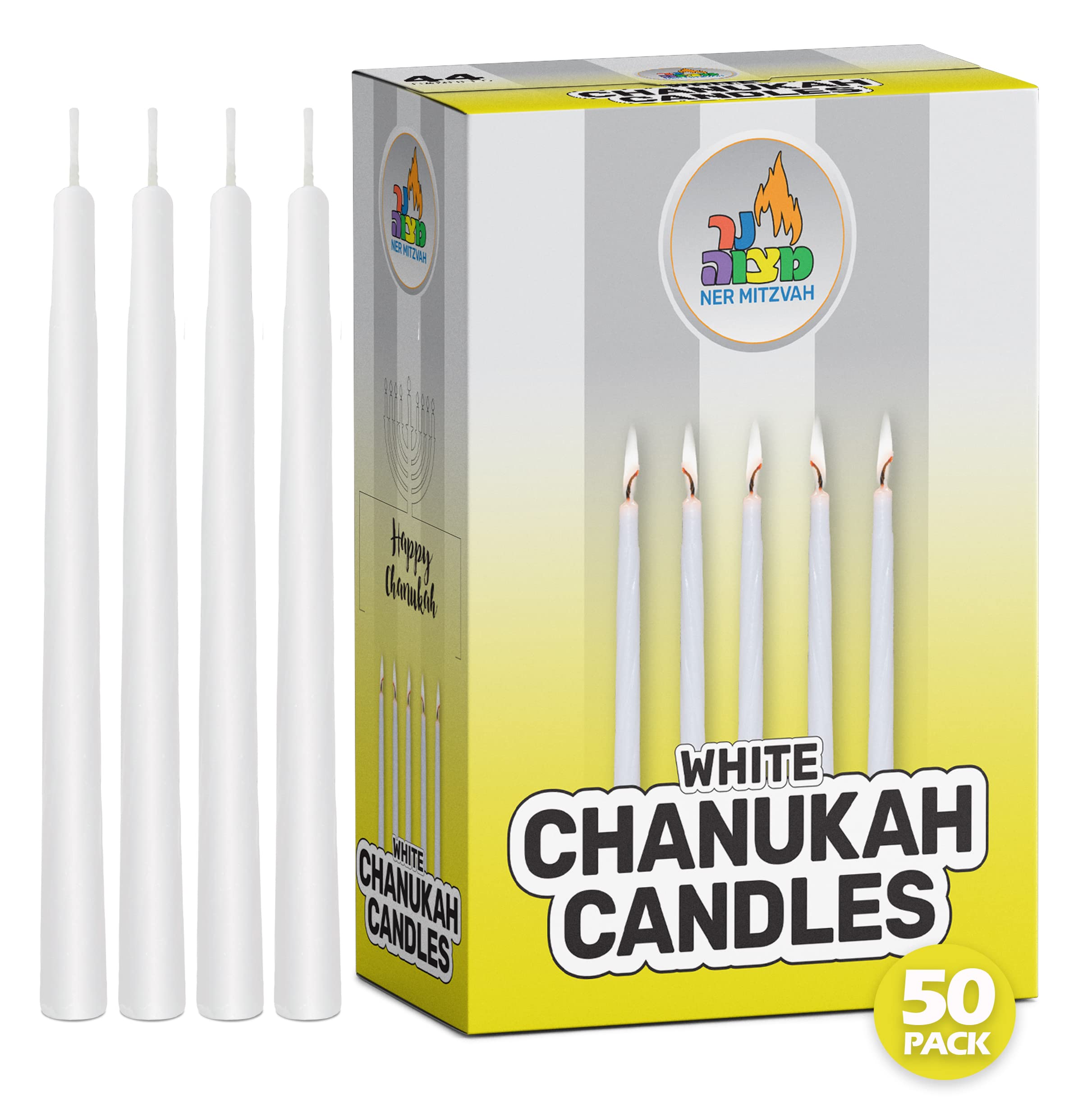 50 Pack Premium White Hanukkah Candles - Standard Size Fits Most Menorahs - High-Quality Wax for All 8 Nights - Bulk Ner Mitzvah Candles - Perfect for Hanukkah Celebrations, Jewish Holidays & Home Decor