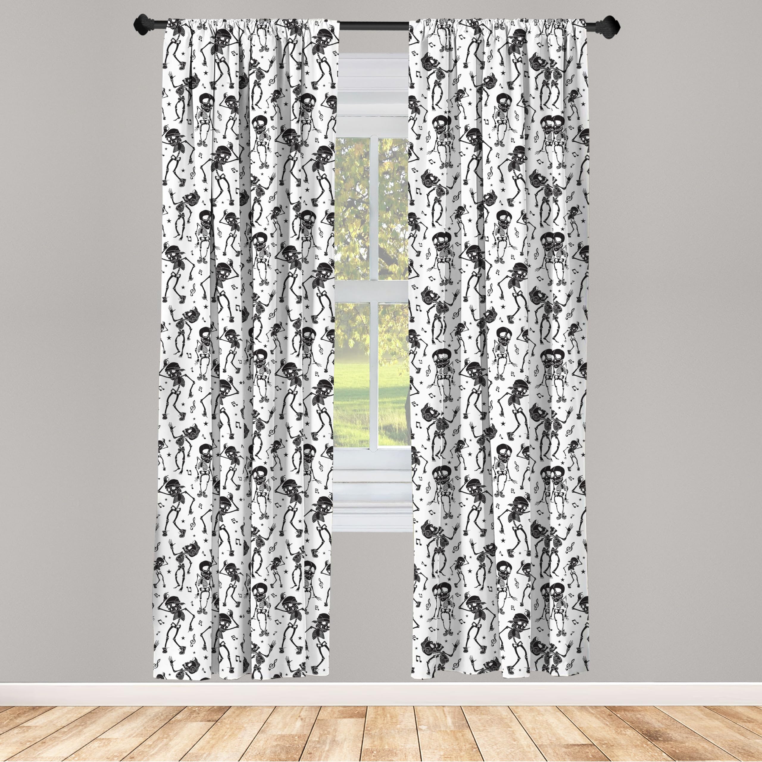 Ambesonne Skeleton Halloween Curtains - Spooky Disco Dancing with Musical Notes, 2 Panel Set (28