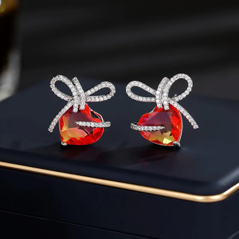 Sweet French Stud Earrings with Bow Knot Ribbon - Gradient Zircon Heart Shaped Earrings for Women - Elegant Jewelry Accessories for Date Night, Wedding & Special Occasions - LYX275