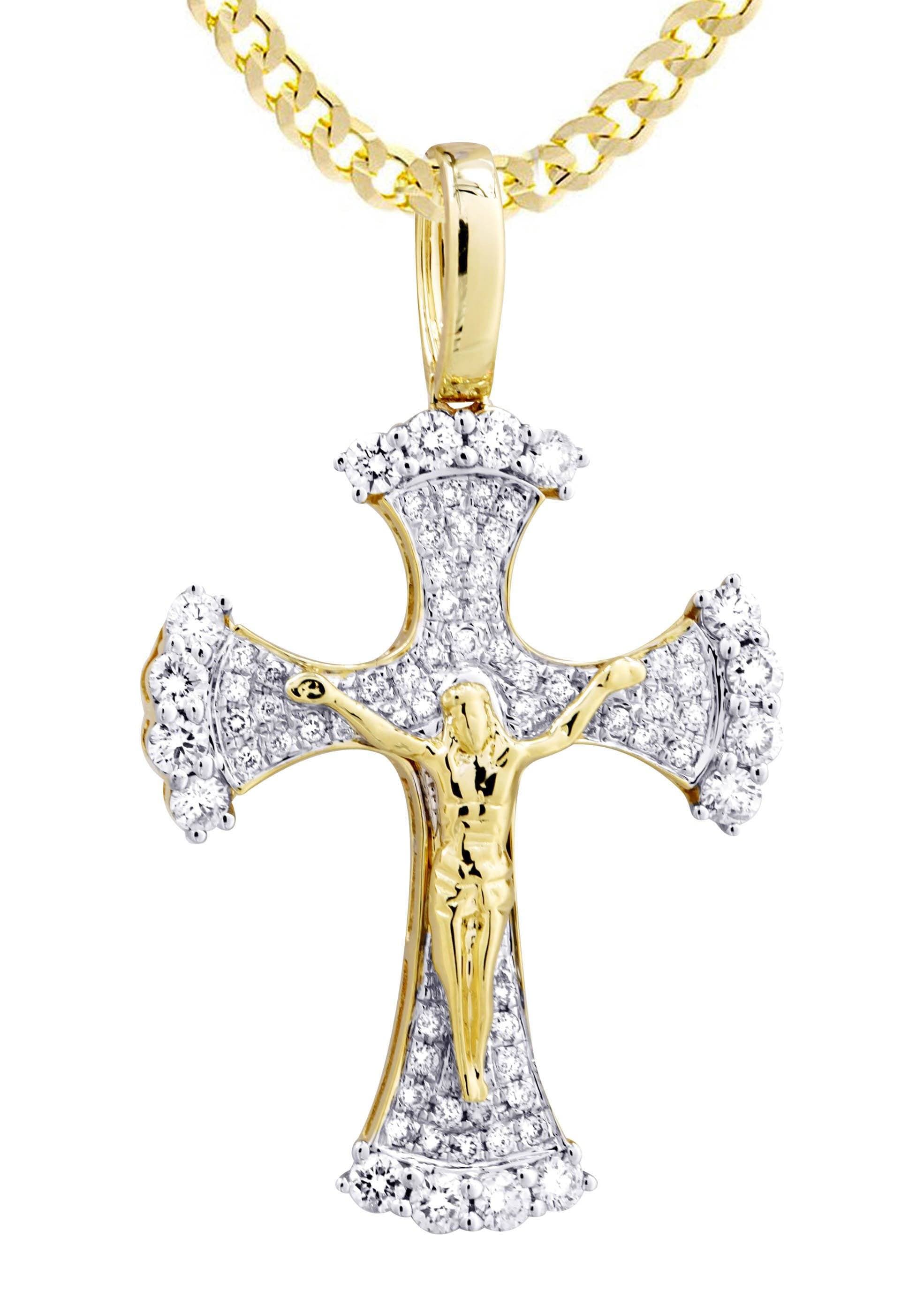 10K Yellow Gold Diamond Cross Pendant Necklace for Women - 1.05 Carat Genuine Diamond Crucifix Jewelry - Perfect for Baptism, First Communion & Religious Gifts