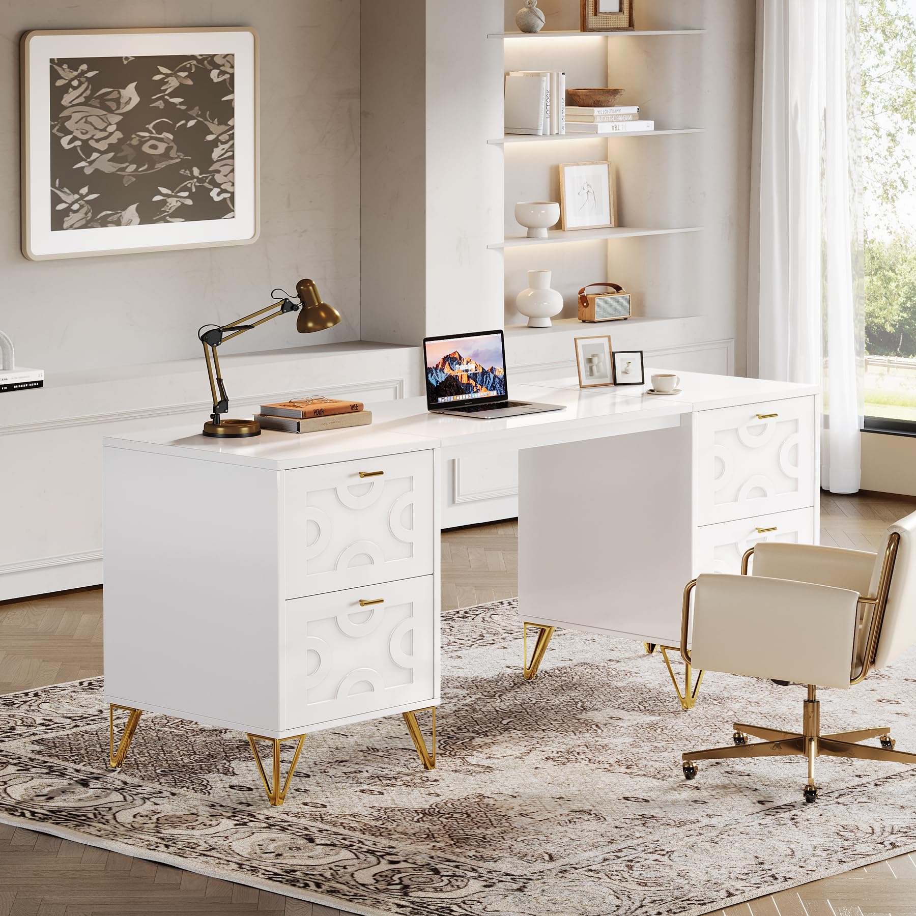 Tribesigns 59-Inch White Executive Office Desk with 4 File Drawers - Modern Writing Desk with Gold Metal Legs, Spacious Home Office Computer Desk for Work & Study - Perfect for Small Spaces & Remote Work