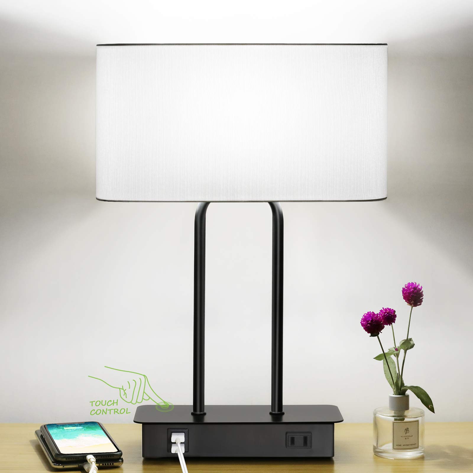 Modern Touch Control Table Lamp with Dual USB Ports & AC Outlet - 3-Way Dimmable Nightstand Lamp with White Fabric Shade, 5000K LED Bulb - Perfect for Bedroom, Living Room, Office & Study Desk Lighting
