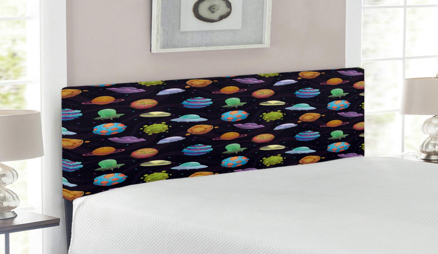 Ambesonne Space Themed Headboard - UFOs, Planets & Alien Sci-Fi Design, Upholstered Metal Bed Headboard with Memory Foam, Queen Size, Multicolor - Perfect for Sci-Fi Bedrooms & Space-Themed Decor