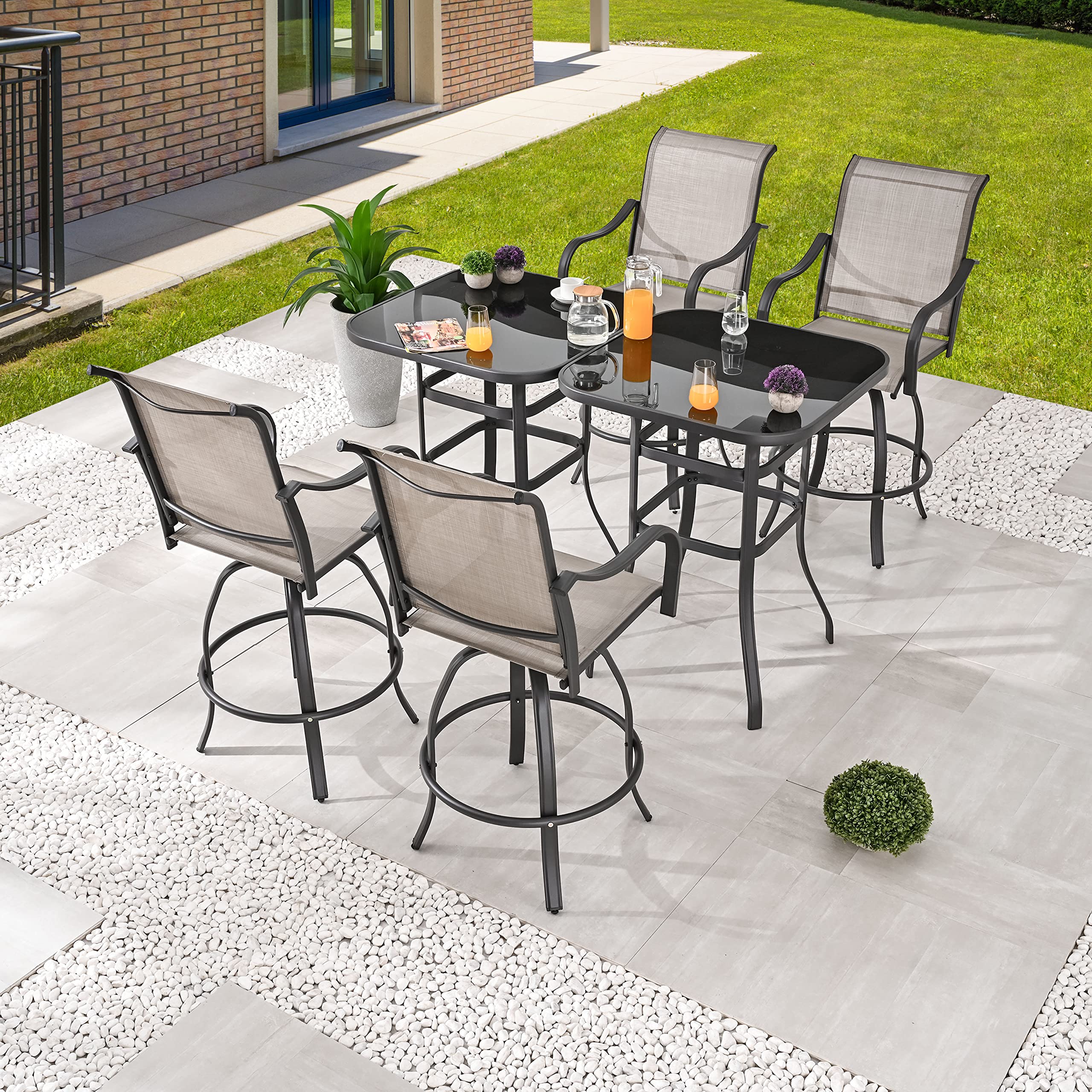 LOKATSE HOME 6-Piece Outdoor Patio Dining Set with Swivel Chairs & Tempered Glass Table - Grey Modern Bistro Furniture for Poolside, Cafe, Porch, Bar, Garden & Backyard Relaxation