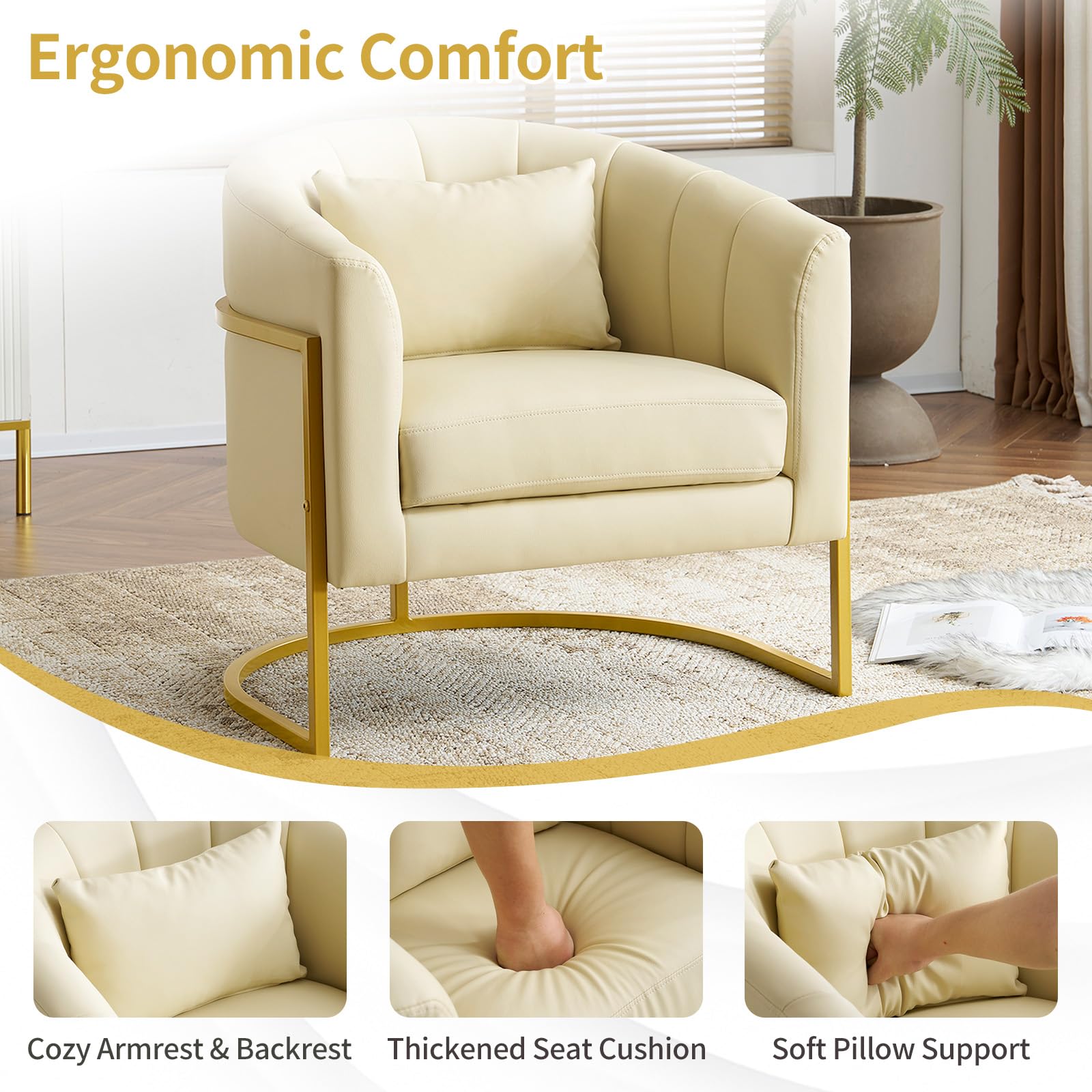 OmySalon Professional Manicure Chair for Salon & Spa - Ergonomic Nail Tech Chair with Cushion - Beauty Vanity Makeup Chair - PU Leather Barrel Accent Chair for Living Room, Bedroom or Dressing Area - Beige