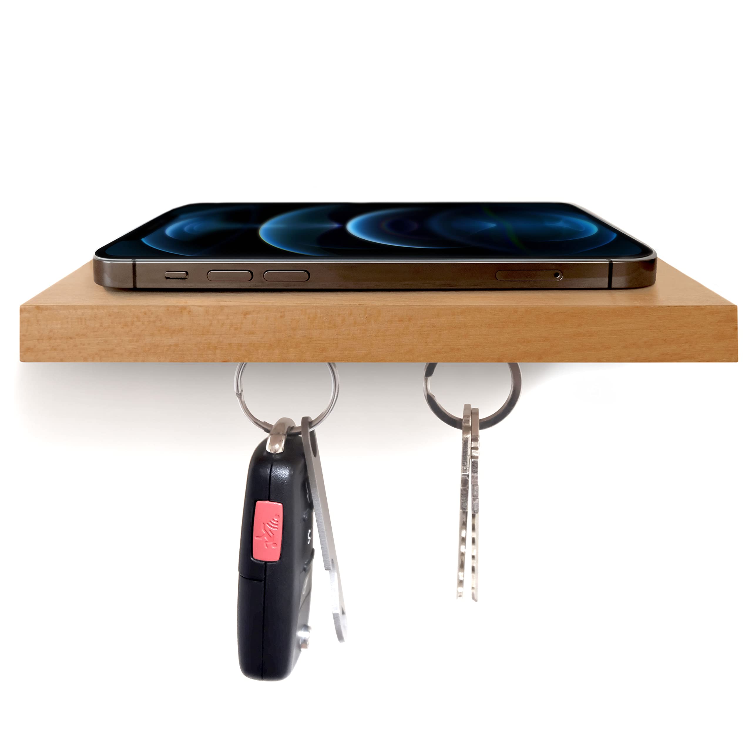 Magnetic Floating Shelf for Cell Phone - Wall Mounted Wooden Shelf with Key Hook | Natural Wood Finish | Perfect for Bedroom, Office, and Entryway Organization
