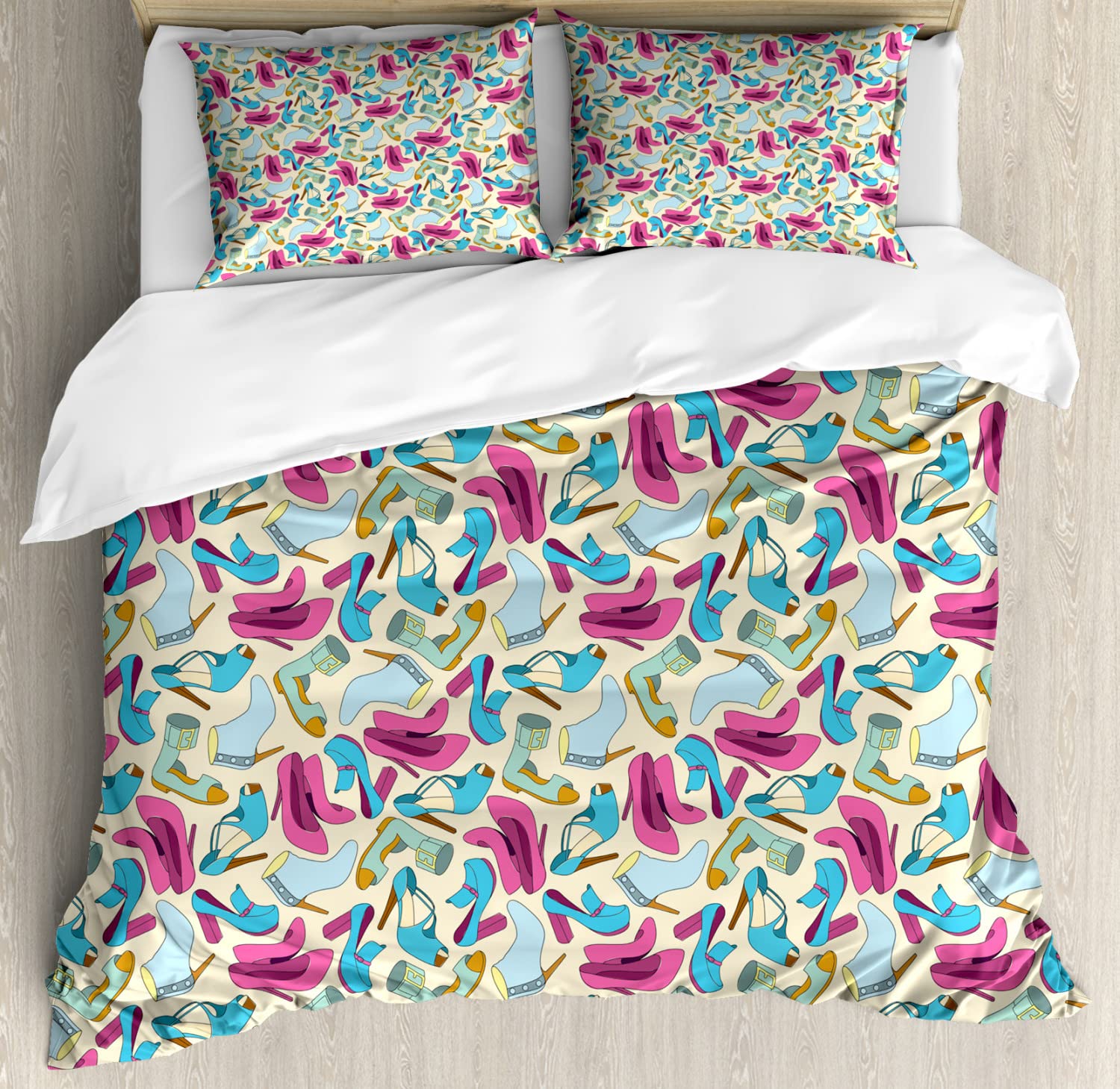 Ambesonne Fashion Duvet Cover Set - Colorful Feminine Doodle with Women Shoes Pattern, 2-Pack Queen Size Bedding Set Includes 2 Duvet Covers & 4 Pillowcases, Soft & Breathable for Cozy Bedroom Decor - Perfect for Teens, Dorms, Guest Rooms & Modern Home Styling