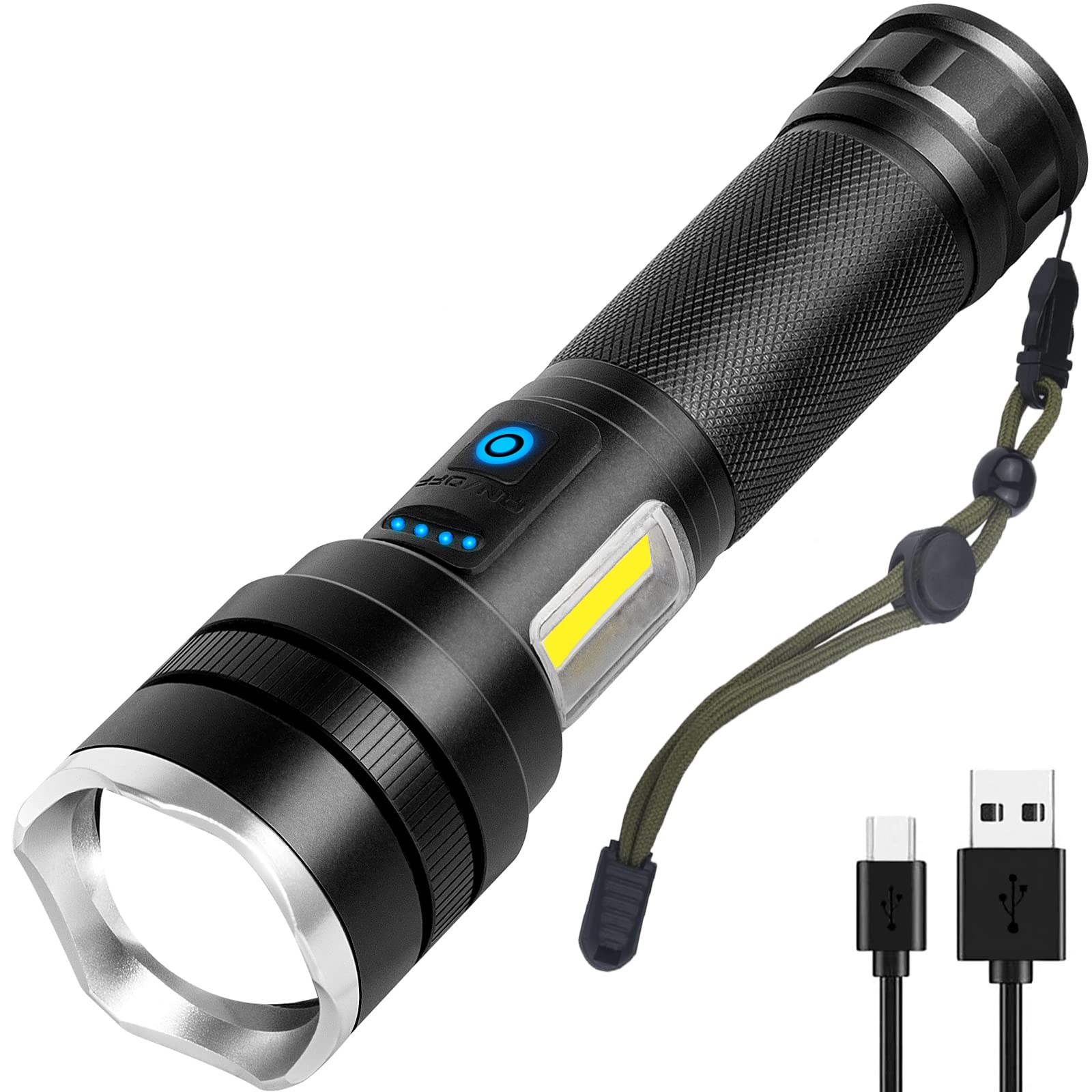 Rechargeable LED Flashlight 90,000 Lumens Super Bright - COB Side Light, 7 Modes Waterproof Torch for Camping, Hiking, Emergency & Outdoor Activities