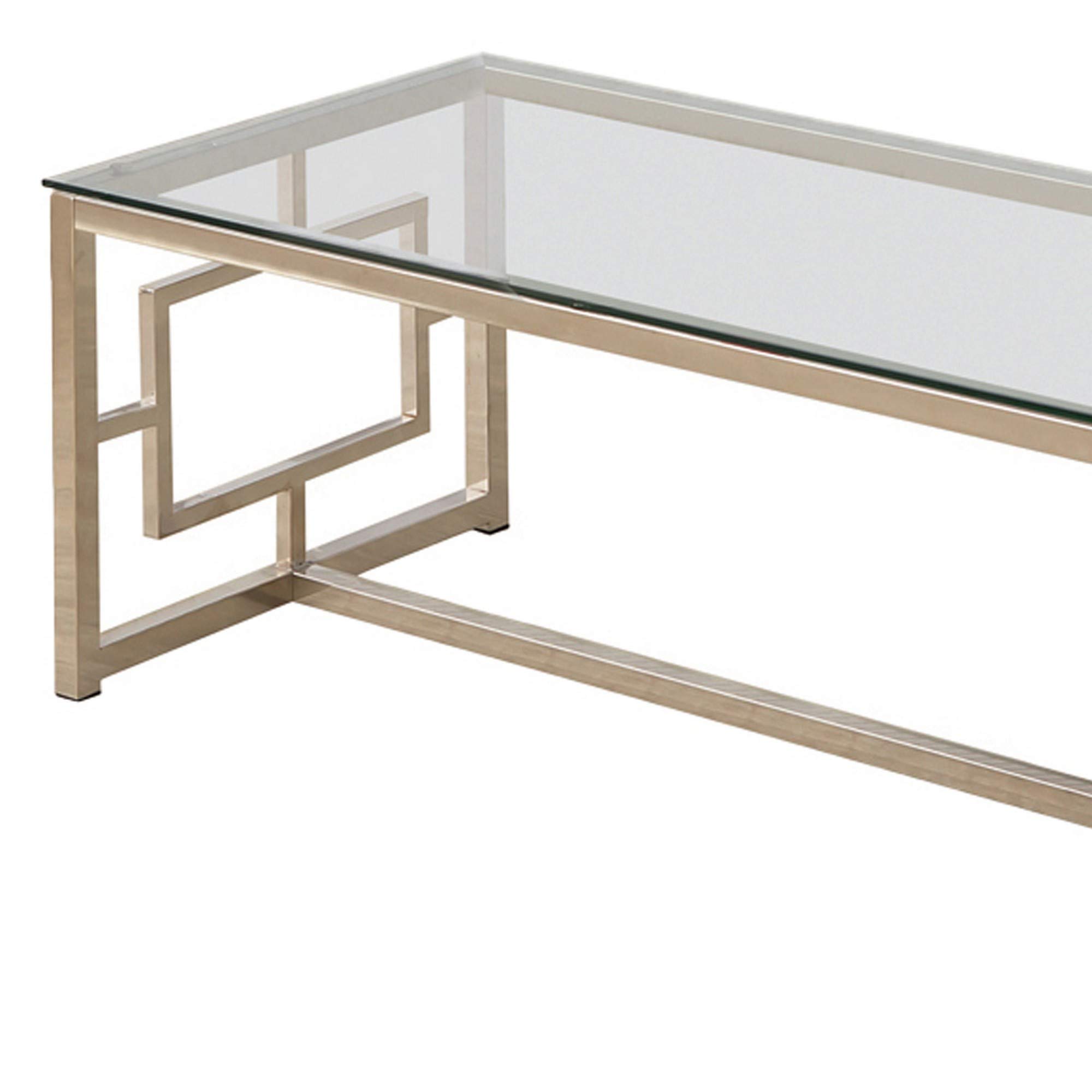 Benjara Silver & Clear Tempered Glass Coffee Table with Lattice Cut-Outs - Modern Living Room Furniture for Home & Office Decor