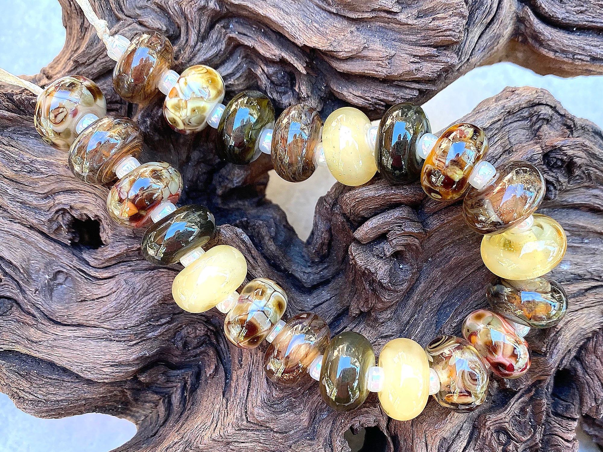 21 Brown & Green Lampwork Glass Beads Mix - Handmade SRA Jewelry Beads for Bracelets, Necklaces & DIY Craft Projects