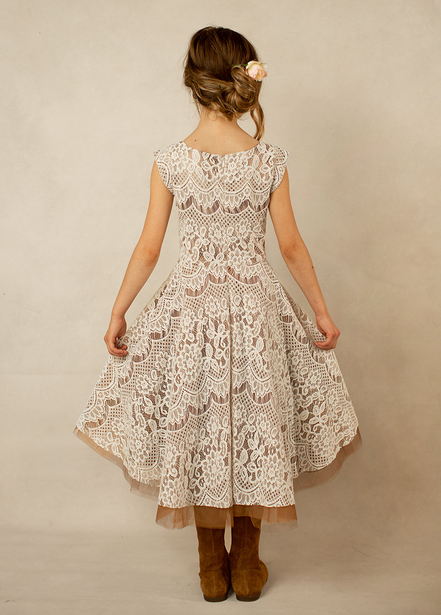 Lezah Flower Girl Dress in Chai - Elegant Lace Tea-Length Dress for Weddings & Special Occasions